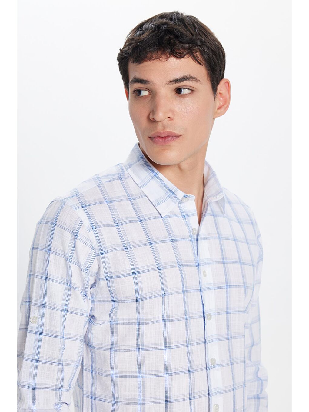 Karışık Erkek Slim Fit Dar Kesim %100 Pamuk Keten Doku Kareli Gömlek-1