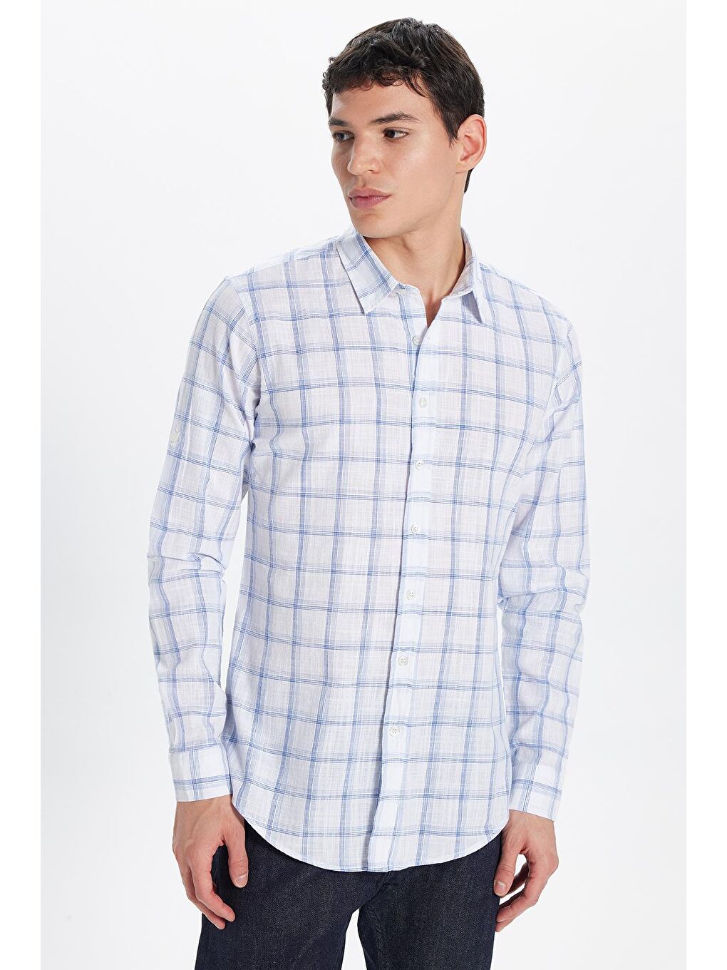 Karışık Erkek Slim Fit Dar Kesim %100 Pamuk Keten Doku Kareli Gömlek-2