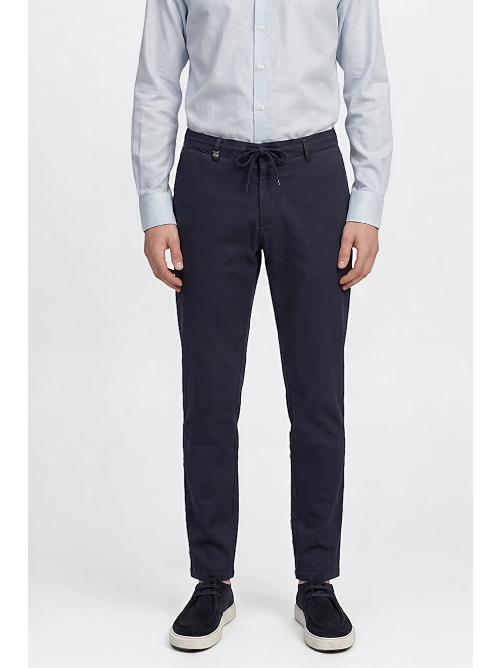 Erkek Lacivert Pamuklu Slim Fit Dar Kesim Yan Cepli Armürlü Esnek Casual Pantolon-1