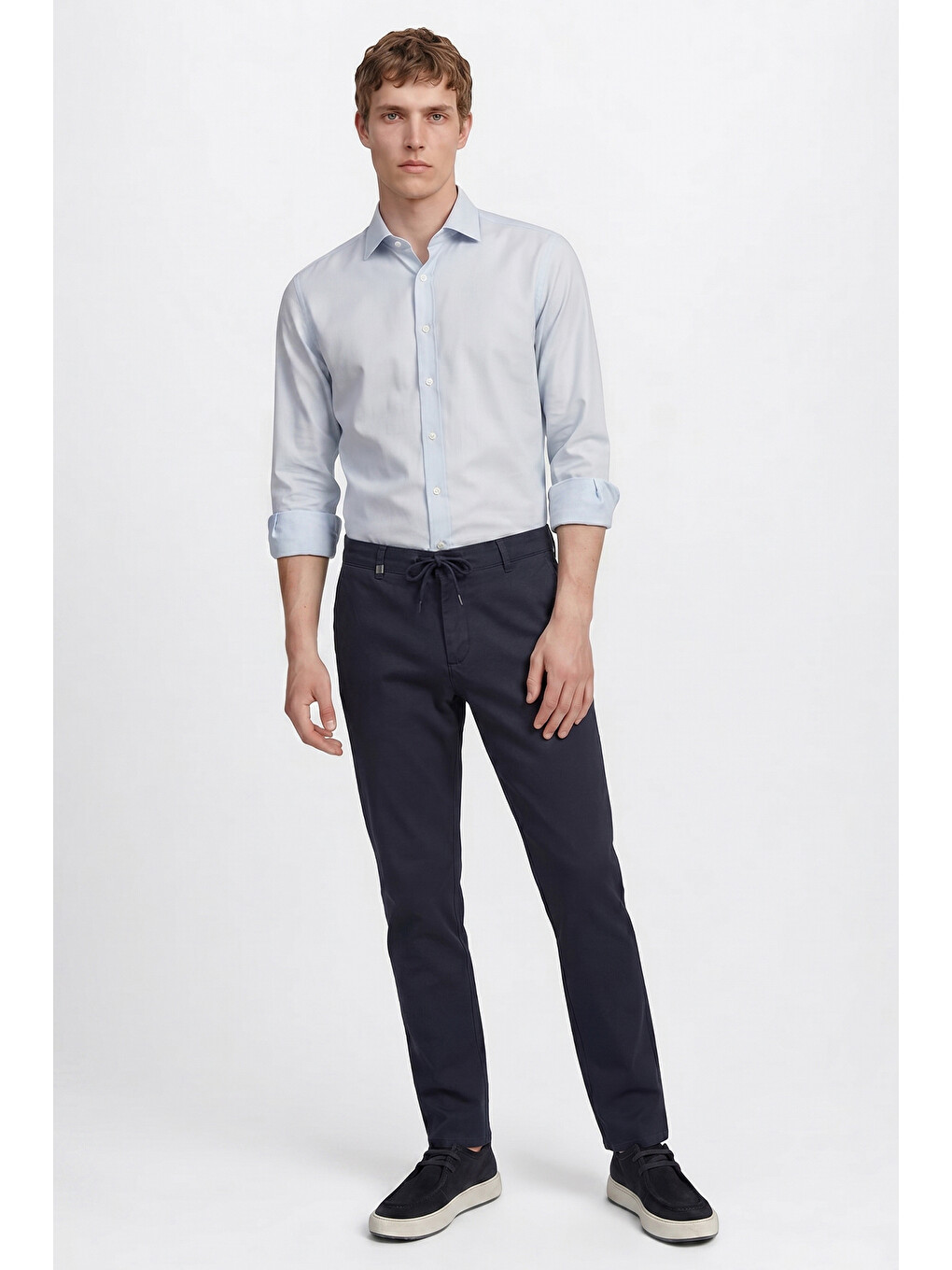 Erkek Lacivert Pamuklu Slim Fit Dar Kesim Yan Cepli Armürlü Esnek Casual Pantolon-3