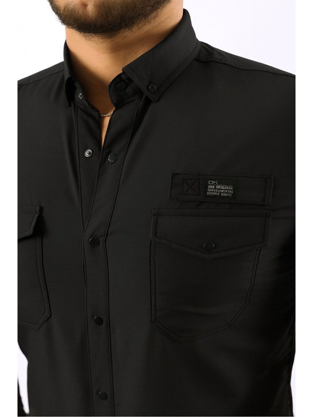 Erkek Cepli Paraşüt Kumaş Uzun Kol Dar Siyah Gömlek-2