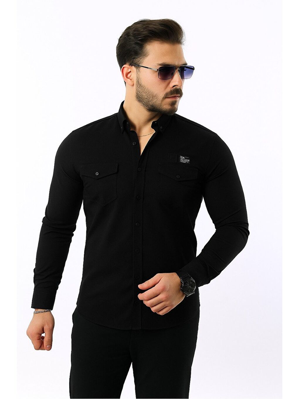 Erkek Cepli Paraşüt Kumaş Uzun Kol Dar Siyah Gömlek-3