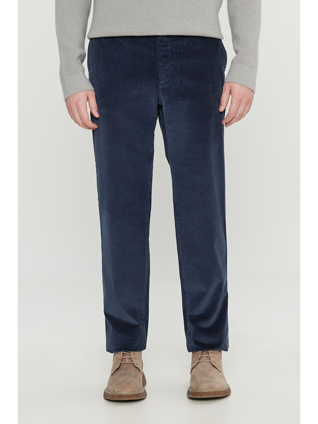 Erkek Lacivert Pamuklu Kadife Slim Fit Dar Kesim Yan Cepli Desenli Pantolon