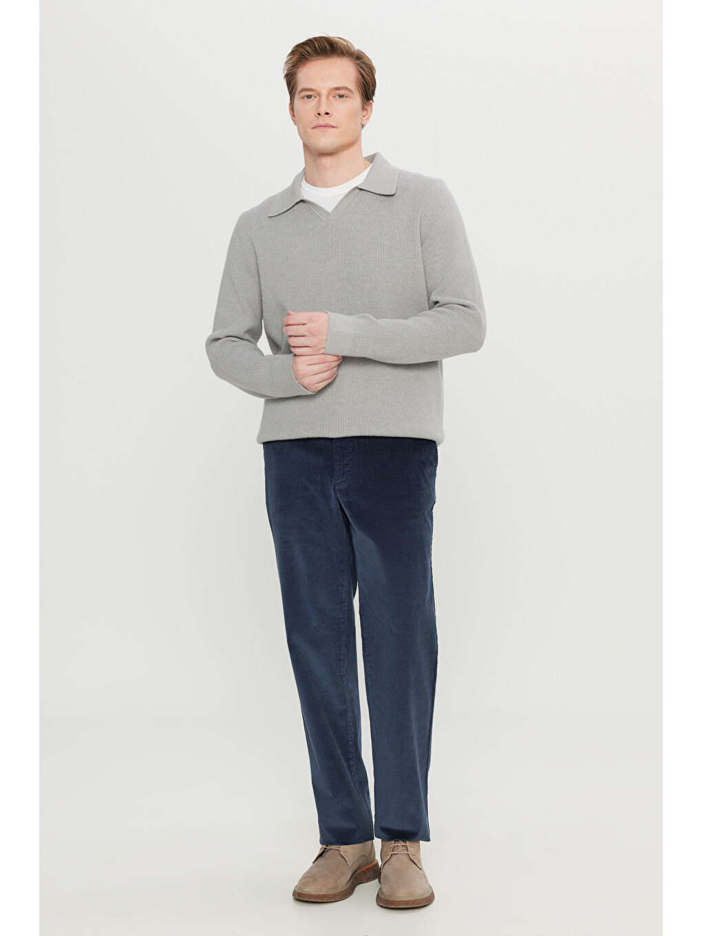 Erkek Lacivert Pamuklu Kadife Slim Fit Dar Kesim Yan Cepli Desenli Pantolon-1