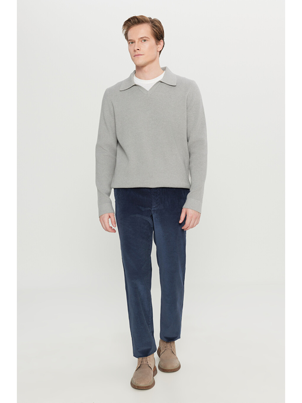 Erkek Lacivert Pamuklu Kadife Slim Fit Dar Kesim Yan Cepli Desenli Pantolon-2