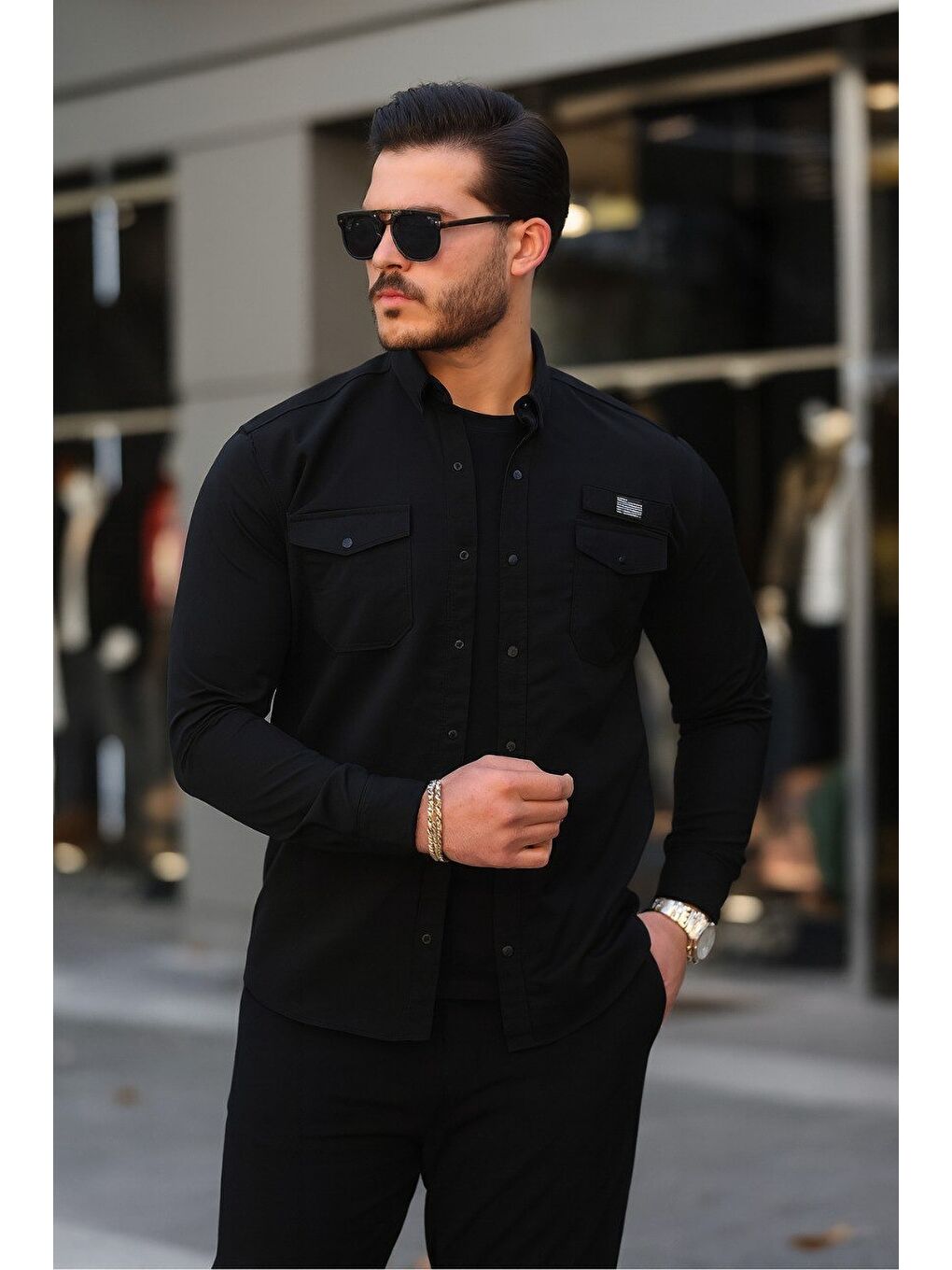 Erkek Cepli Paraşüt Kumaş Uzun Kol Dar Siyah Gömlek-5