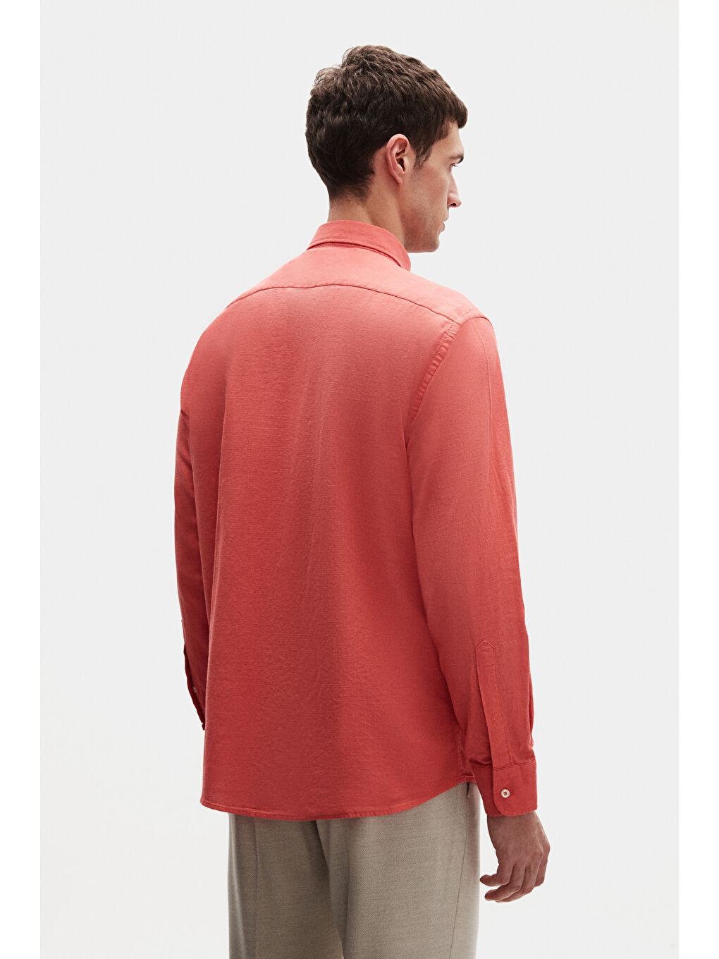 Kırmızı Comfort Nar Çiçeği Düğmeli Yaka Rahat Kesim Keten Görünümlü %100 Pamuk Gömlek-2