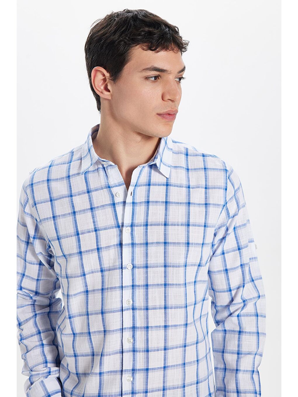 Karışık Erkek Slim Fit Dar Kesim %100 Pamuk Keten Doku Kareli Gömlek-1