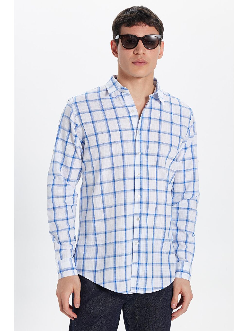 Karışık Erkek Slim Fit Dar Kesim %100 Pamuk Keten Doku Kareli Gömlek-2