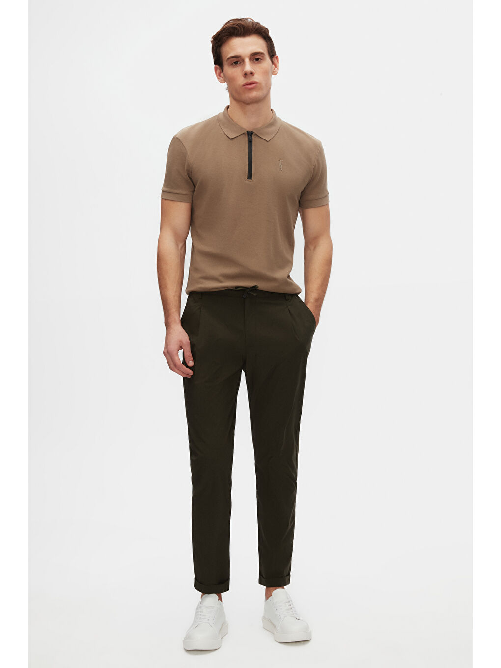 Bej Twn Slim Fit Vizon Pike Dokulu Yarım Fermuarlı Polo Yaka Yazlık T-Shirt-3