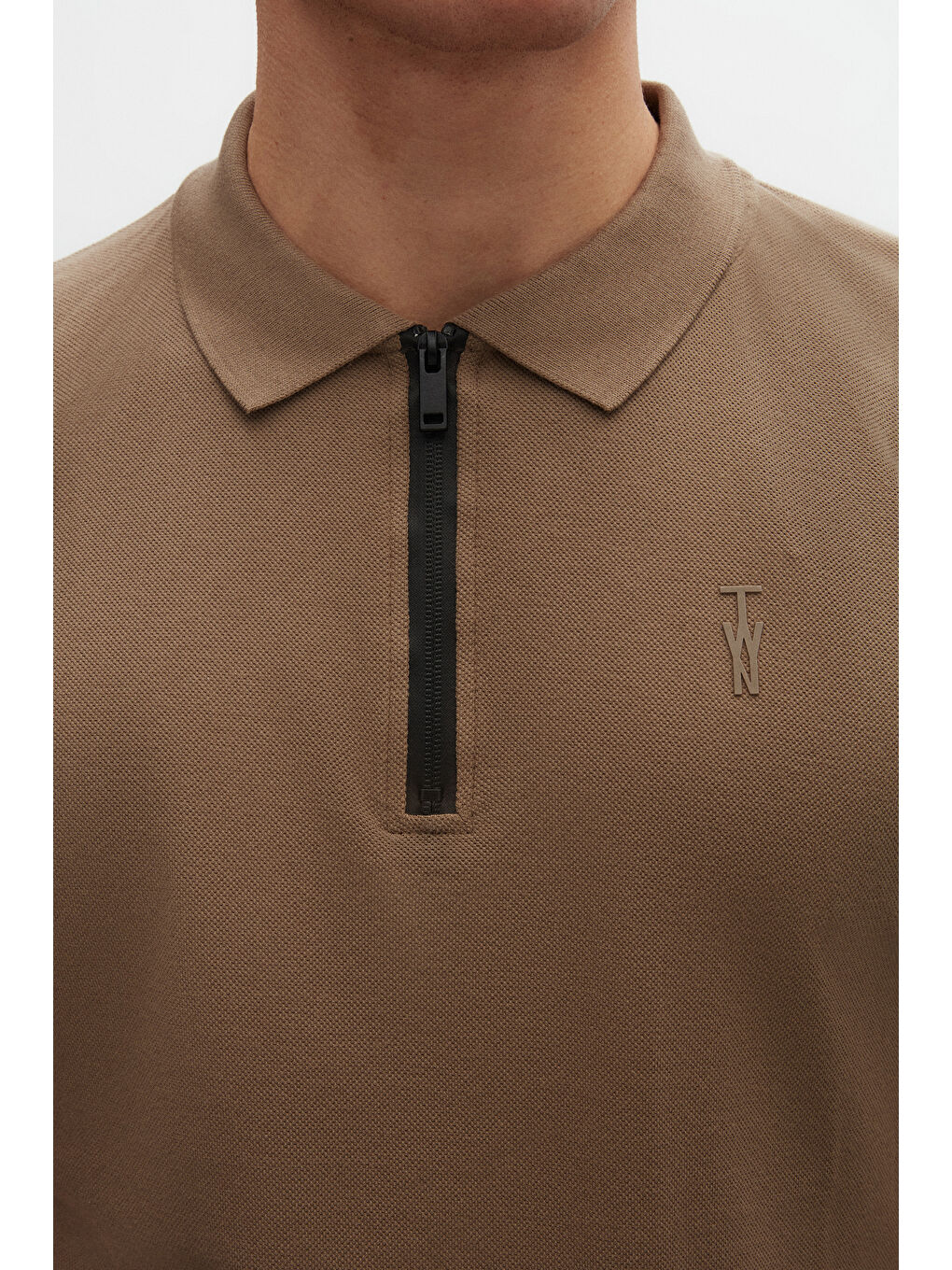 Bej Twn Slim Fit Vizon Pike Dokulu Yarım Fermuarlı Polo Yaka Yazlık T-Shirt-5
