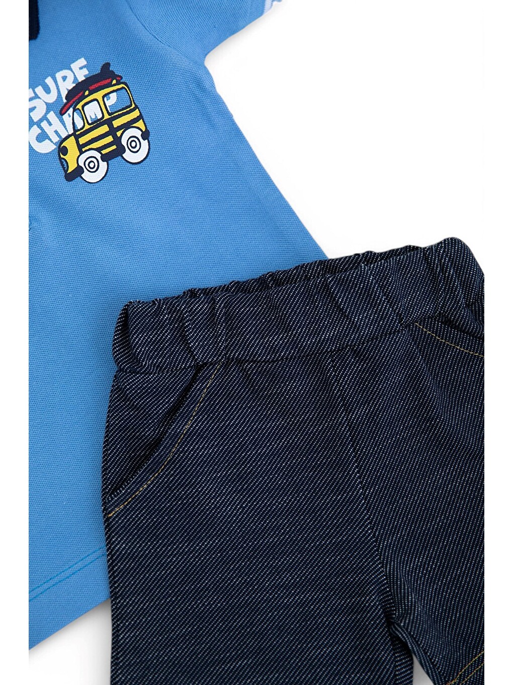 Mavi Erkek Bebek Yazlık Polo Yakalı Jean Görünümlü Yumuşak Şortlu Takım-3