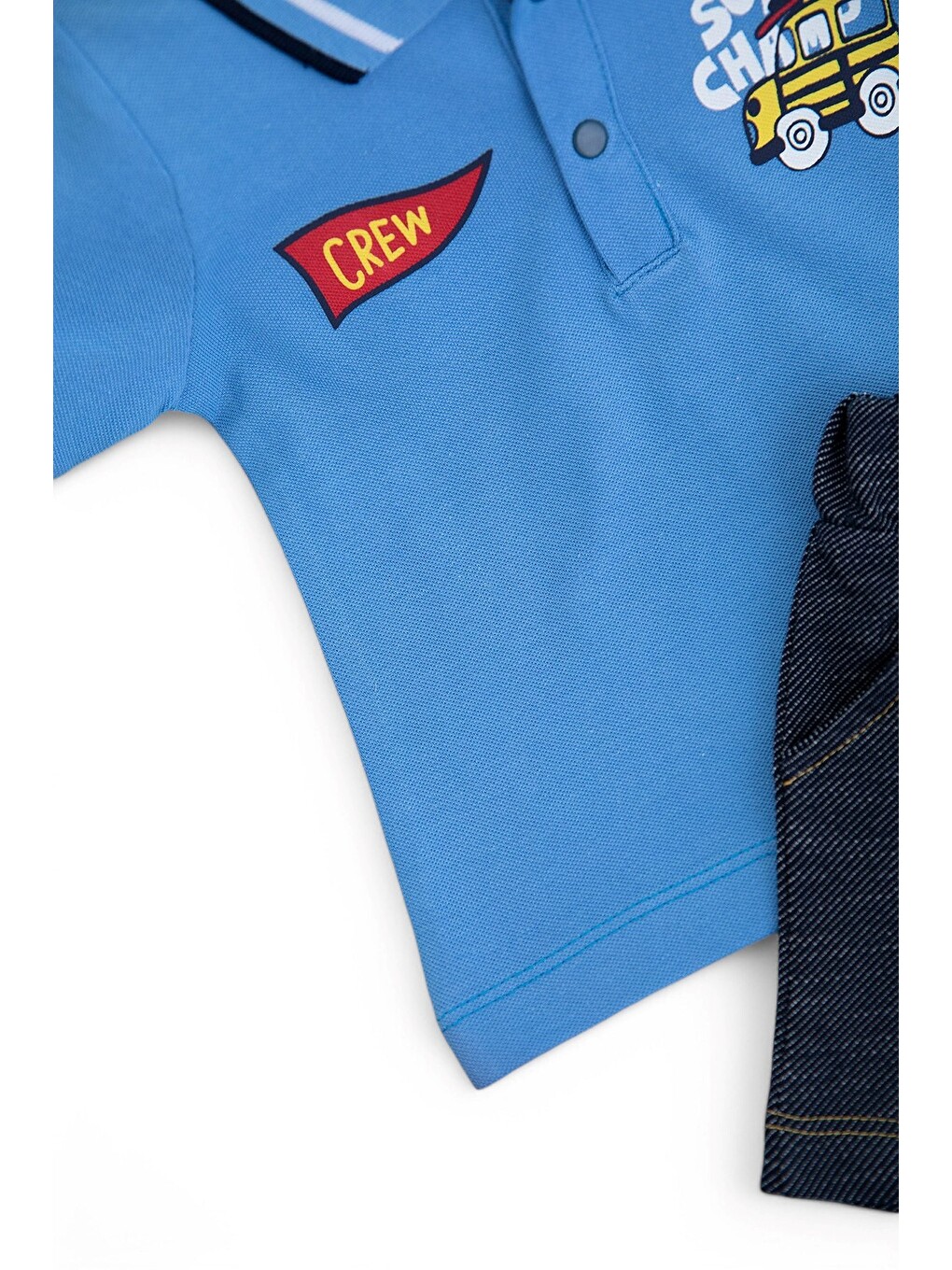 Mavi Erkek Bebek Yazlık Polo Yakalı Jean Görünümlü Yumuşak Şortlu Takım-5