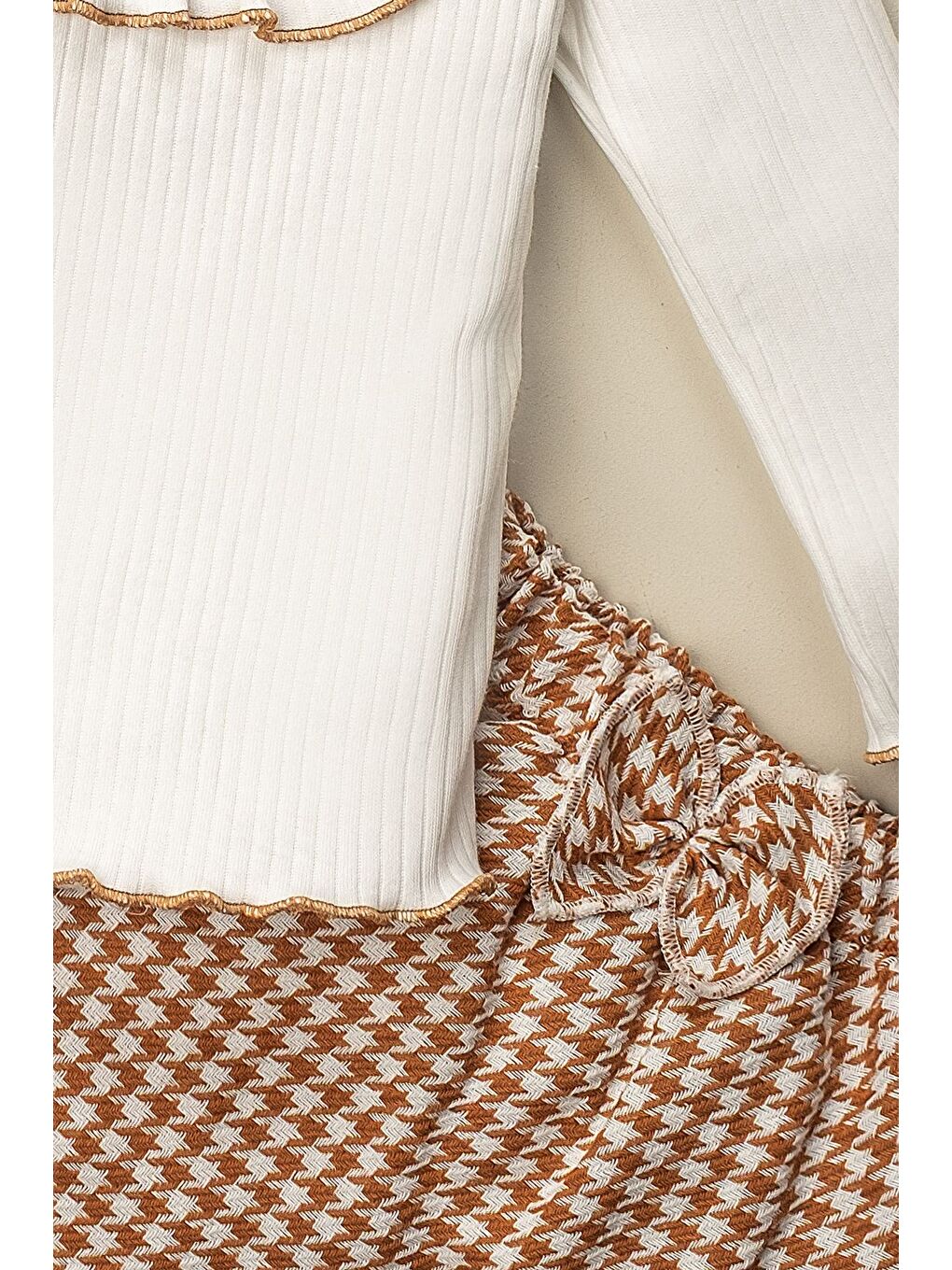 Kahverengi Çocuk Kız Elbise Fiyonklu Kazayağı Etek Badi Takım-4