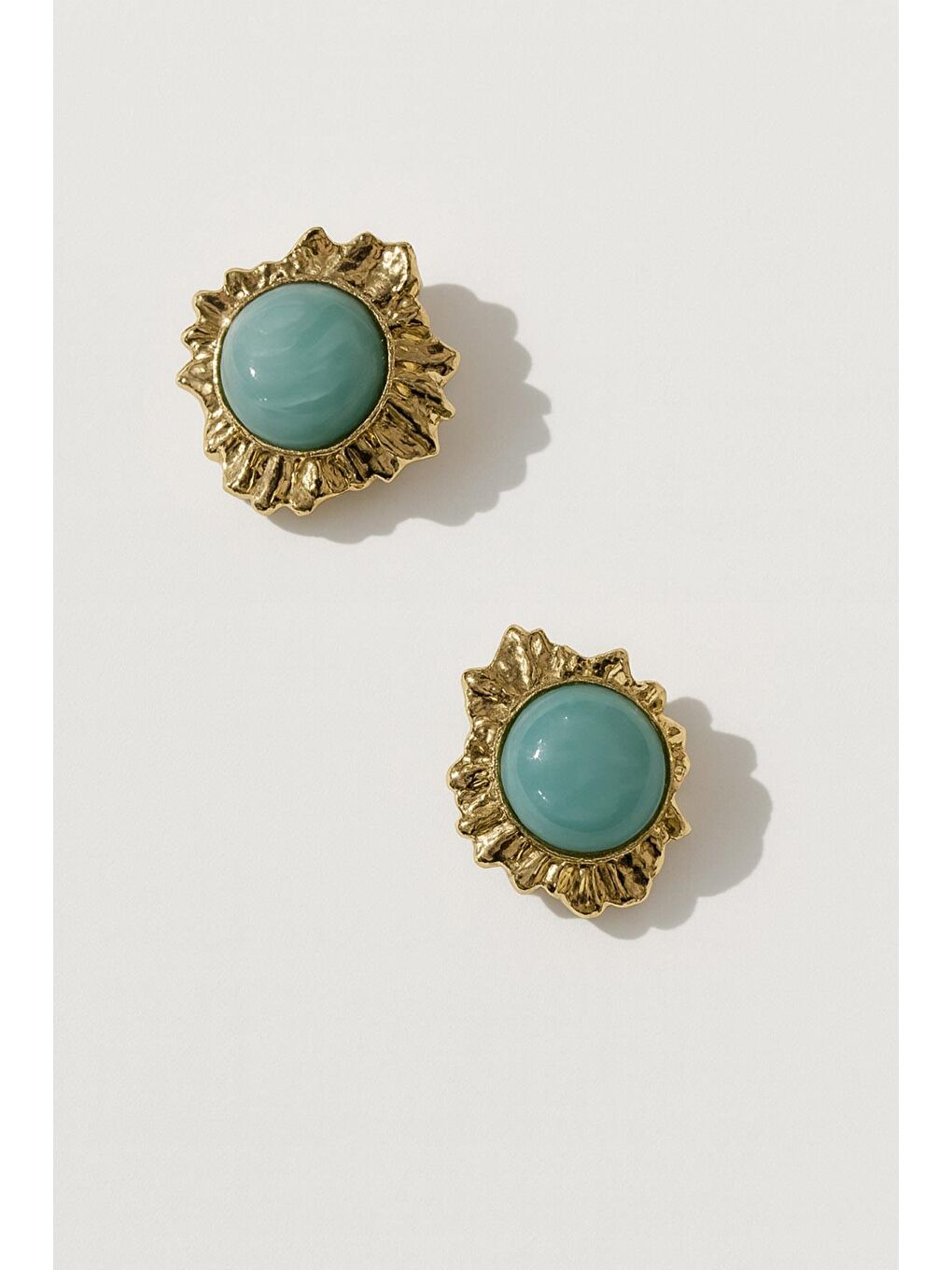 Turkuaz İşleme Detaylı Gold Düğme Küpe-4