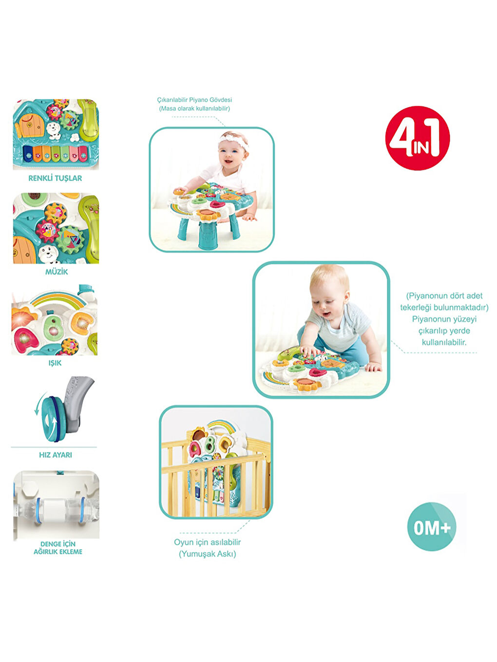 Piyanolu 4in1 Turkuaz Bebek Yürüteci Turkuaz-1
