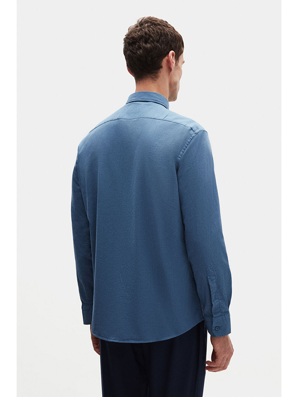 Comfort İndigo Düğmeli Yaka Rahat Kesim Keten Görünümlü %100 Pamuk Gömlek-2