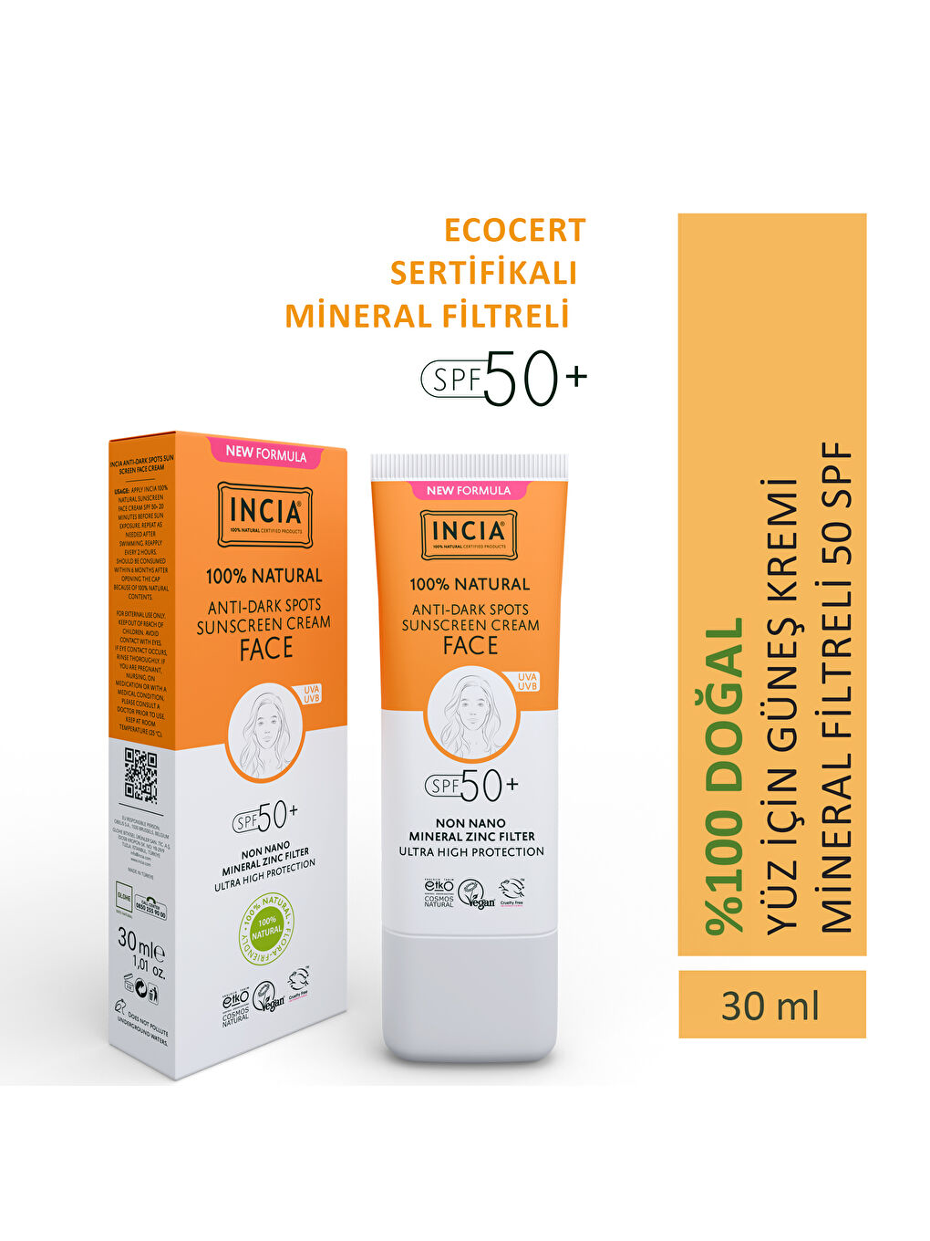 %100 Doğal Yüz Güneş Kremi Leke Karşıtı Aydınlatıcı Mineral Filtre UVA1 UVA2 UVB SPF 50+ 30 ml