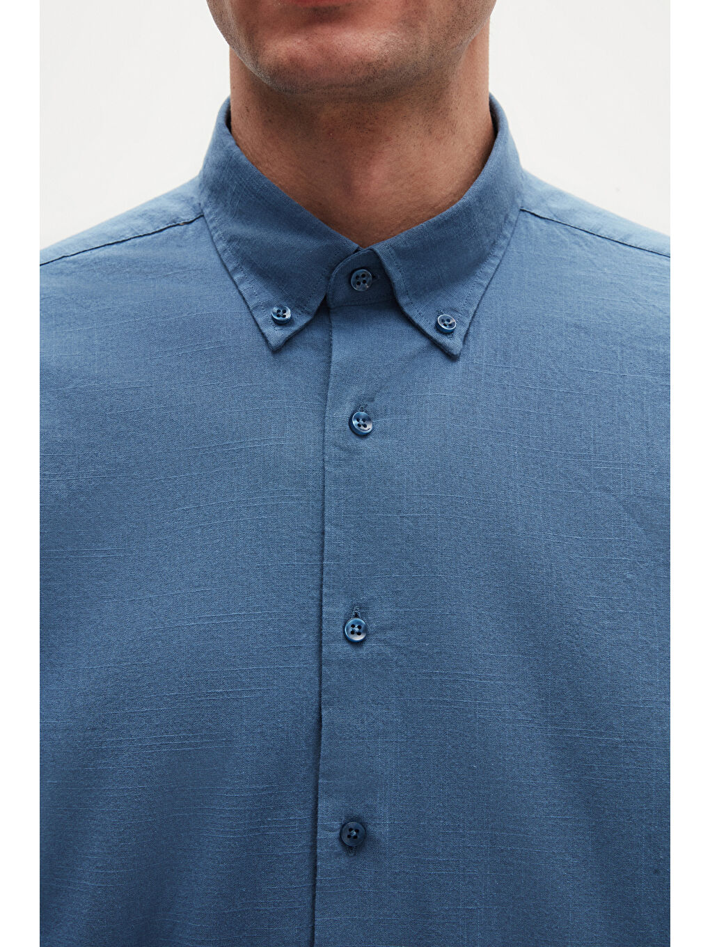 Comfort İndigo Düğmeli Yaka Rahat Kesim Keten Görünümlü %100 Pamuk Gömlek-3