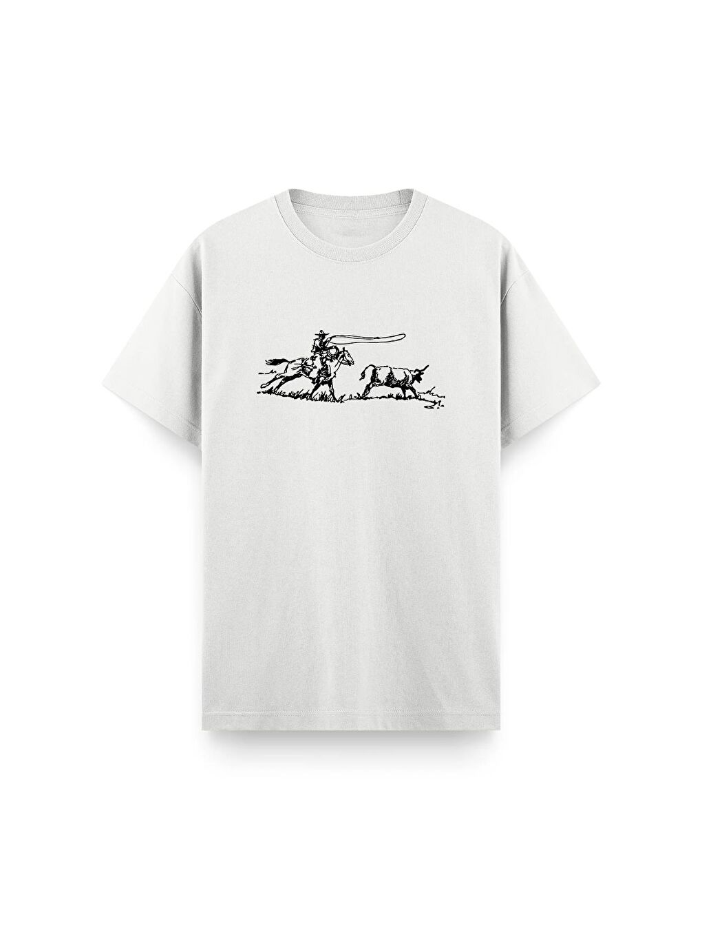 Beyaz Cowboy Ön Baskılı Bisiklet Yaka Erkek Tshirt