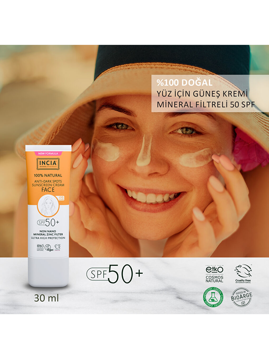 %100 Doğal Yüz Güneş Kremi Leke Karşıtı Aydınlatıcı Mineral Filtre UVA1 UVA2 UVB SPF 50+ 30 ml-1