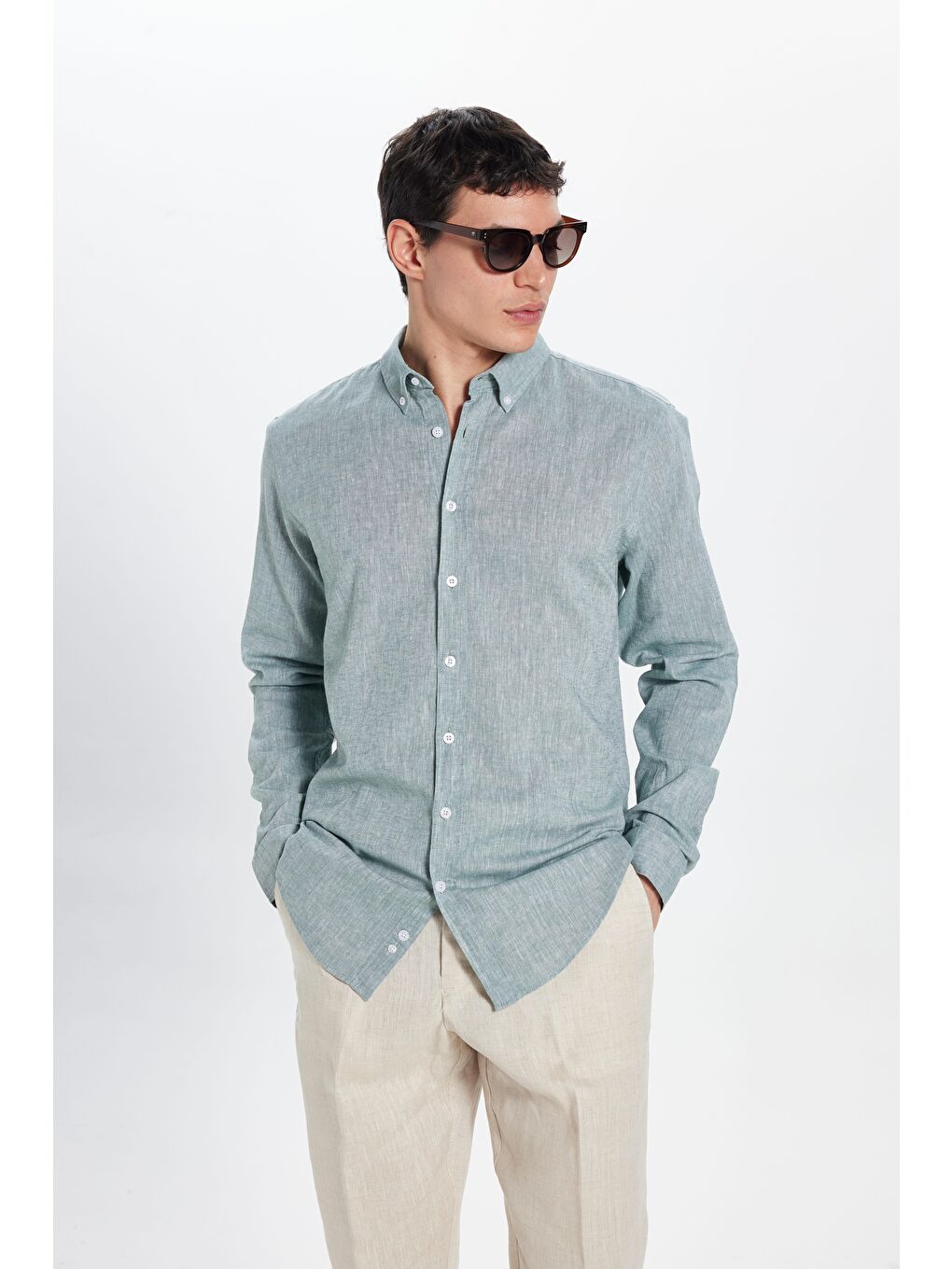 Yeşil Erkek Slim Fit Dar Kesim Keten Efekt Premium Seri Düğmeli Yaka Düz Mint Gömlek