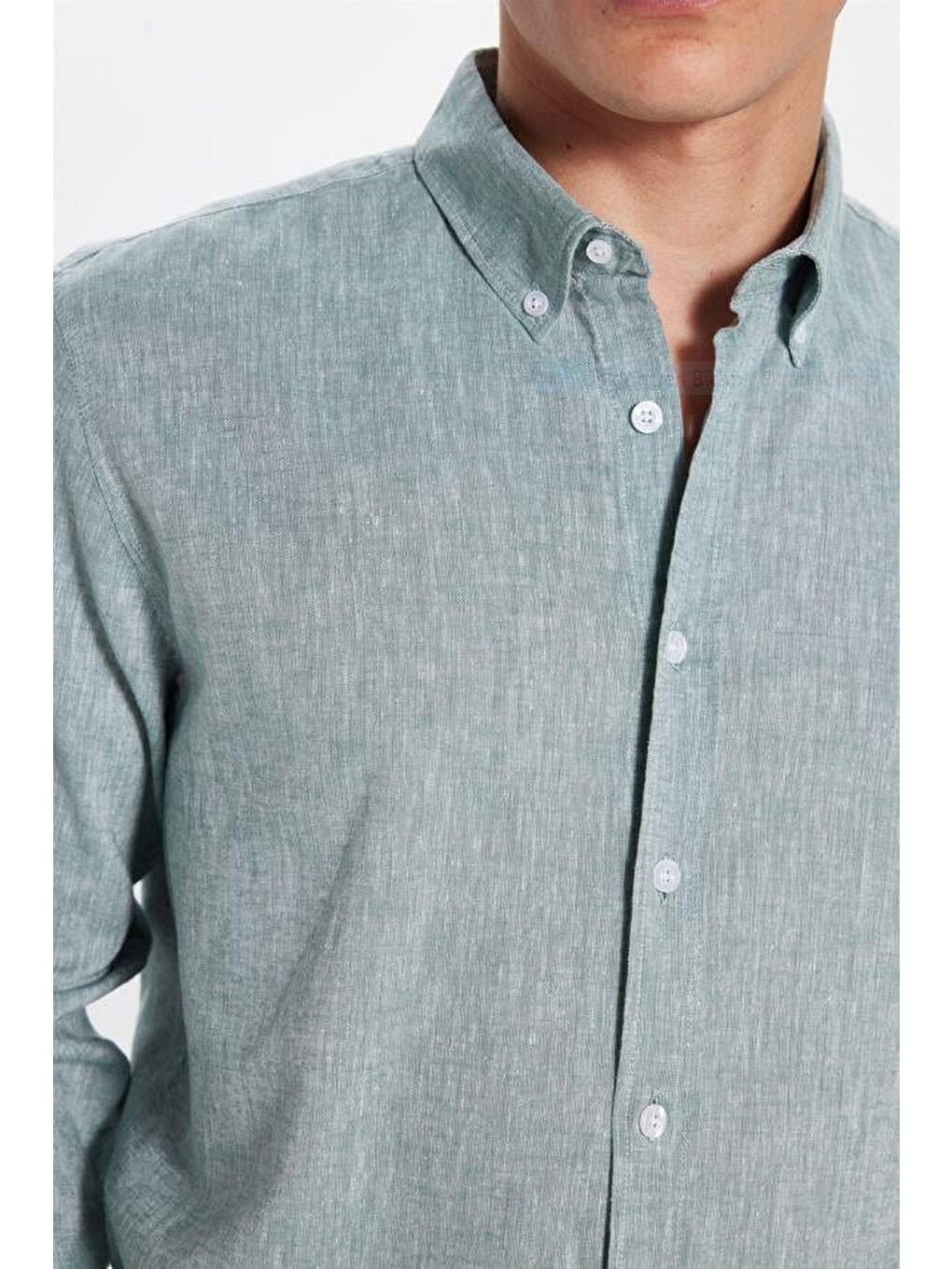 Yeşil Erkek Slim Fit Dar Kesim Keten Efekt Premium Seri Düğmeli Yaka Düz Mint Gömlek-2