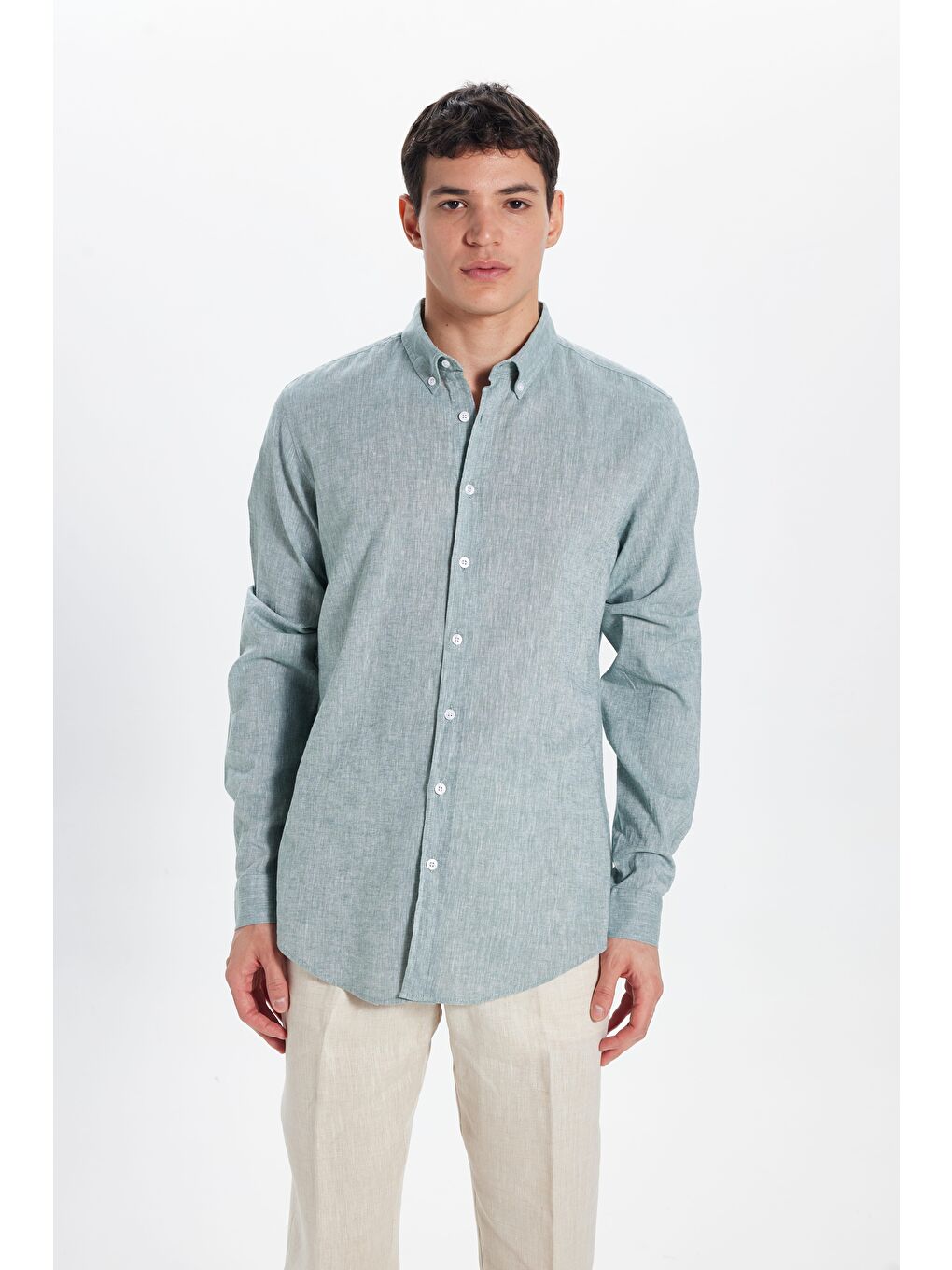 Yeşil Erkek Slim Fit Dar Kesim Keten Efekt Premium Seri Düğmeli Yaka Düz Mint Gömlek-3