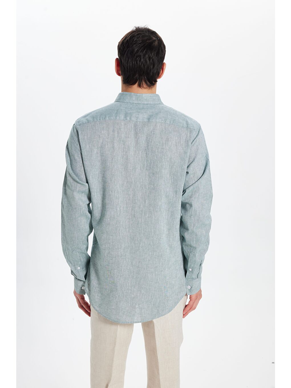 Yeşil Erkek Slim Fit Dar Kesim Keten Efekt Premium Seri Düğmeli Yaka Düz Mint Gömlek-4