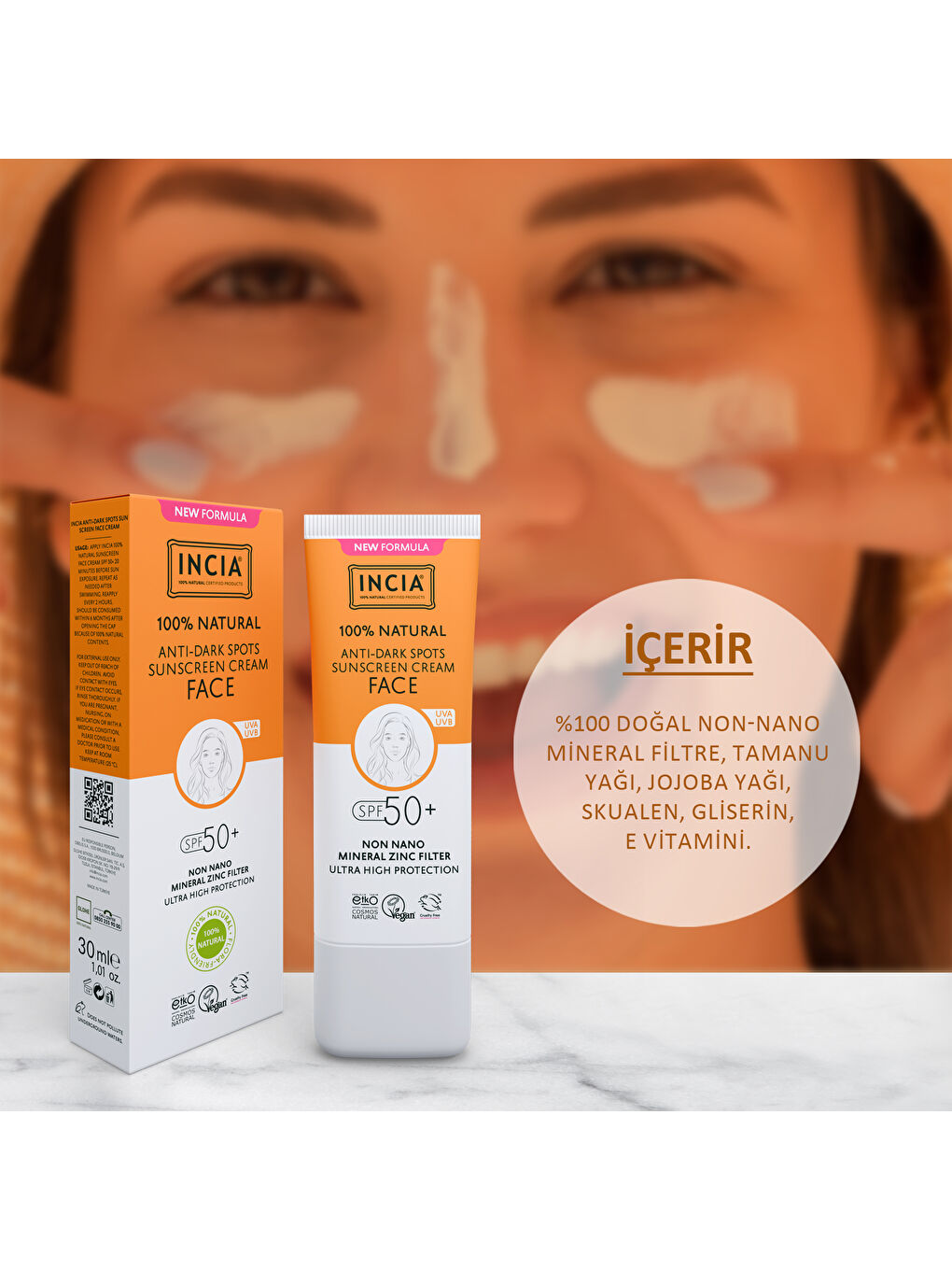 %100 Doğal Yüz Güneş Kremi Leke Karşıtı Aydınlatıcı Mineral Filtre UVA1 UVA2 UVB SPF 50+ 30 ml-3