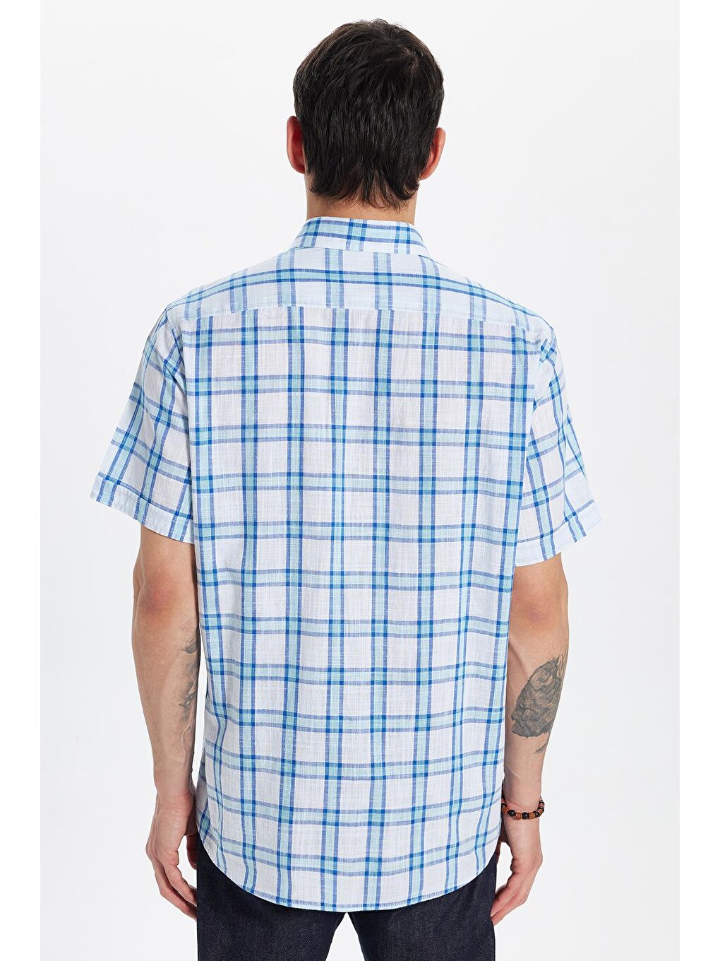 Karışık Erkek Regular Fit Klasik Kesim %100 Pamuk Keten Doku Tek Cepli Kareli Kısa Kollu Düğmeli Yaka Gömlek-4