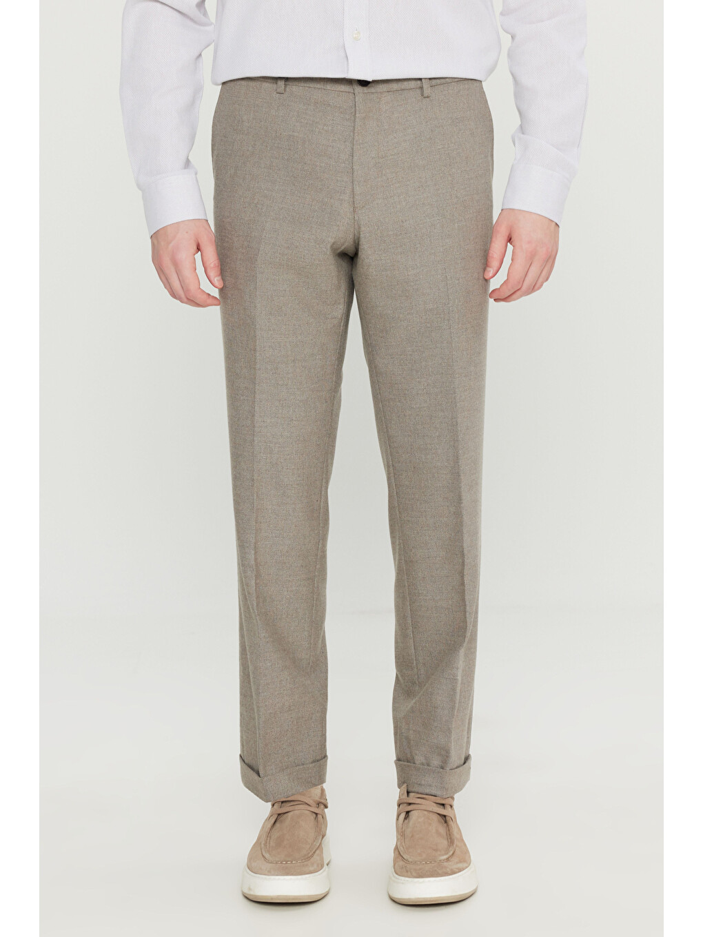 Bej Erkek Vizon Yünlü Slim Fit Dar Kesim Yan Cepli Beli Gizli Lastikli Esnek Klasik Pantolon