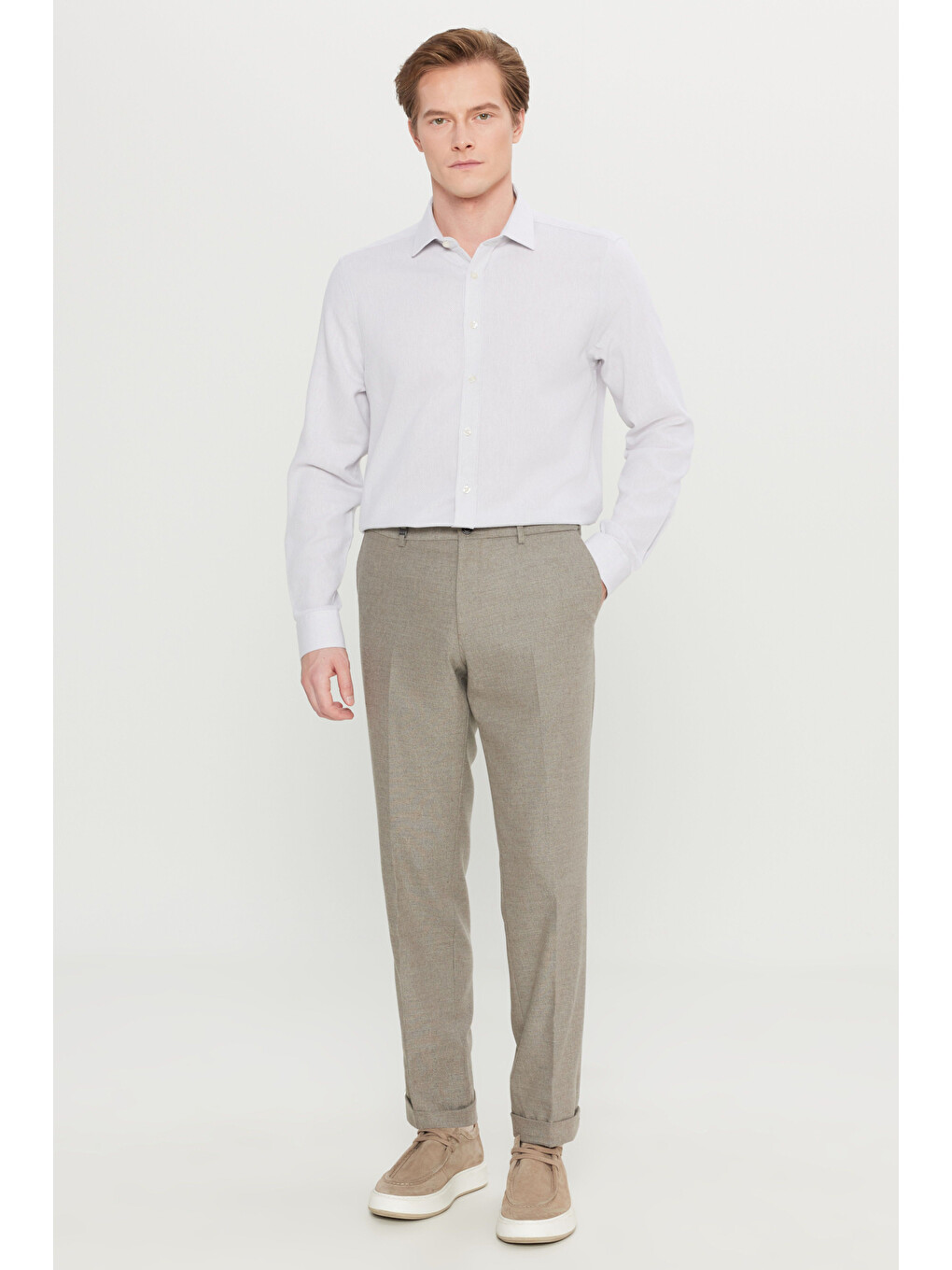 Bej Erkek Vizon Yünlü Slim Fit Dar Kesim Yan Cepli Beli Gizli Lastikli Esnek Klasik Pantolon-1