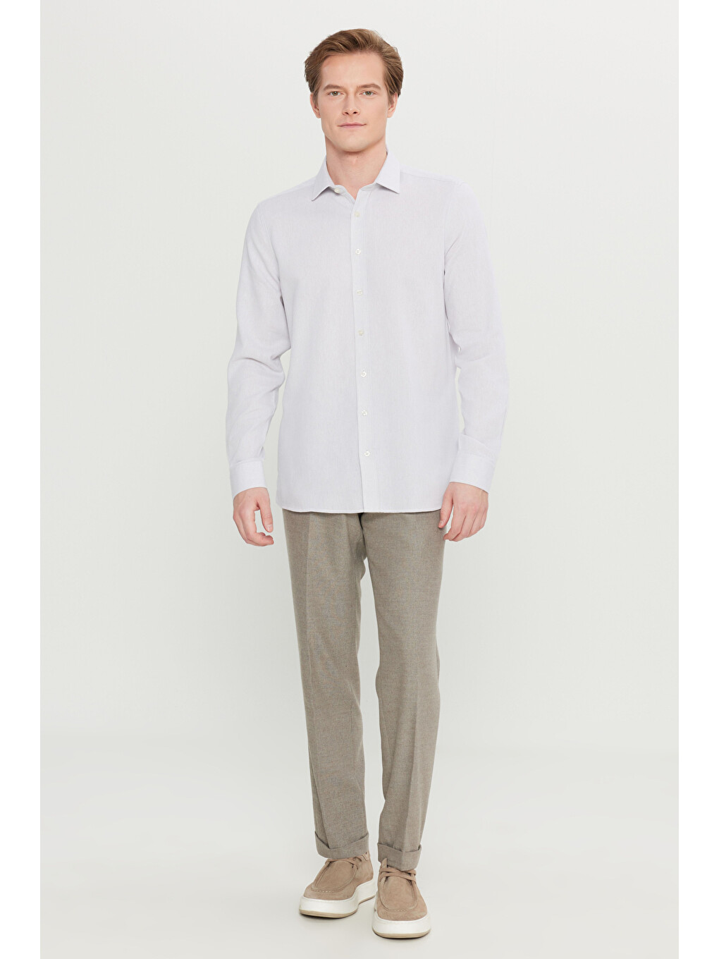Bej Erkek Vizon Yünlü Slim Fit Dar Kesim Yan Cepli Beli Gizli Lastikli Esnek Klasik Pantolon-2