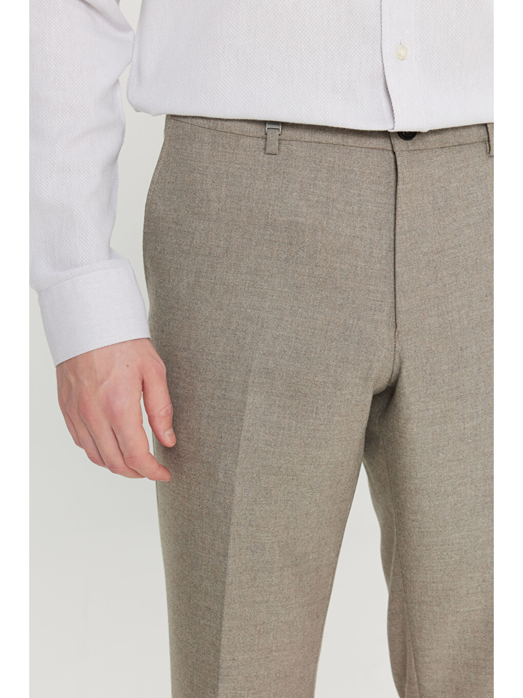 Bej Erkek Vizon Yünlü Slim Fit Dar Kesim Yan Cepli Beli Gizli Lastikli Esnek Klasik Pantolon-3