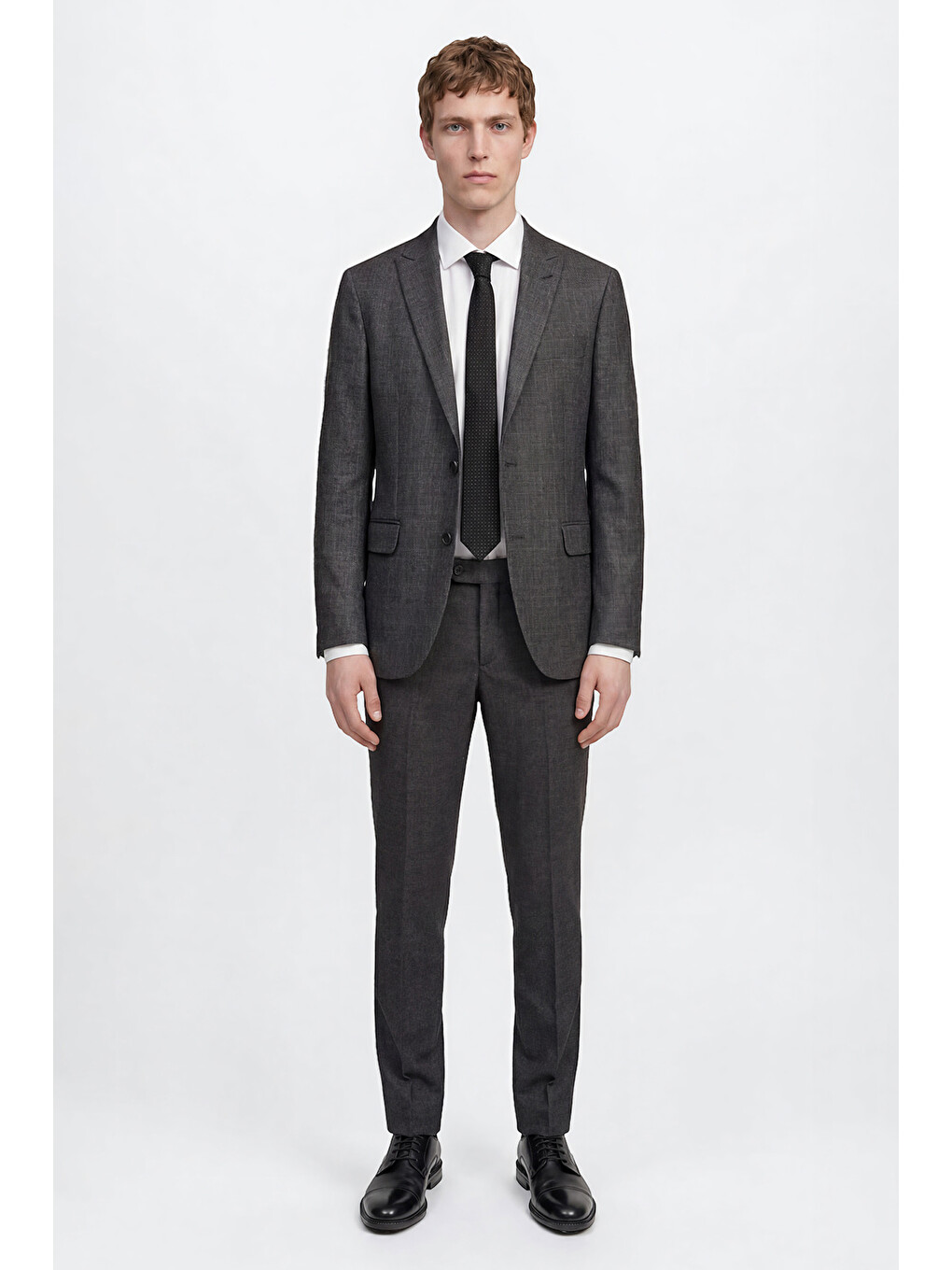 Erkek Antrasit Slim Fit Dar Kesim Kırlangıç Yaka Kareli Kapak Cepli Yelekli Takım Elbise-1