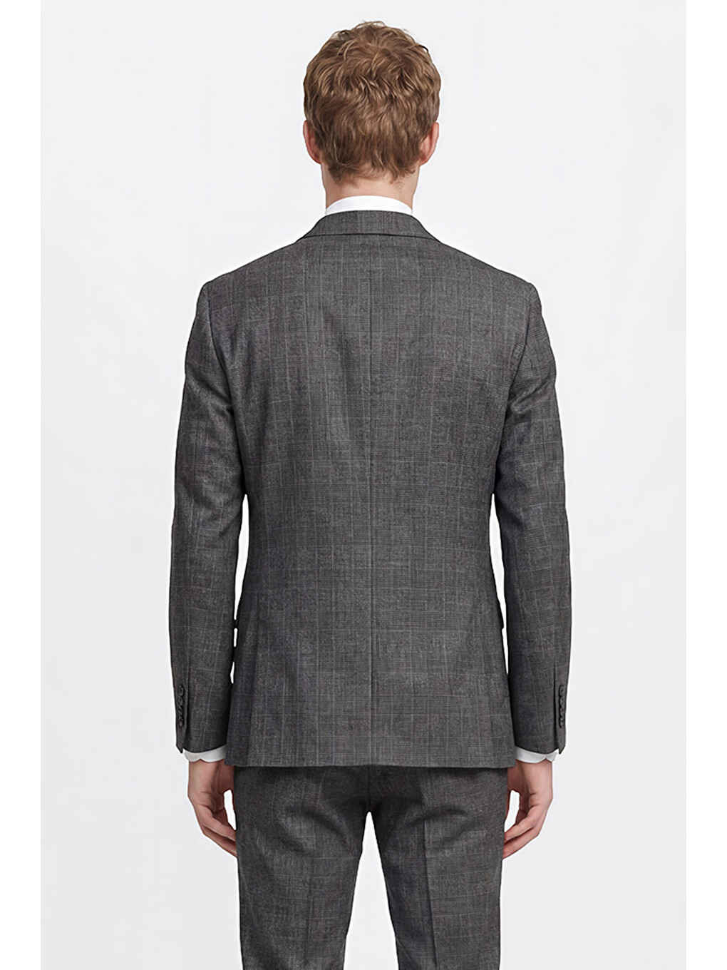 Erkek Antrasit Slim Fit Dar Kesim Kırlangıç Yaka Kareli Kapak Cepli Yelekli Takım Elbise-6