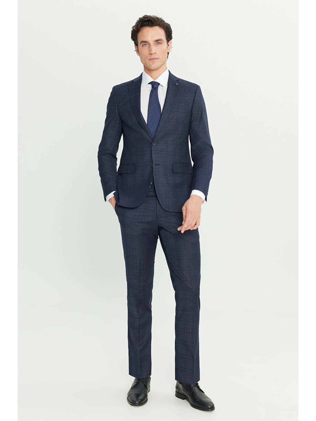 Erkek Lacivert Slim Fit Dar Kesim Mono Yaka Kareli Kapak Cepli Takım Elbise-1