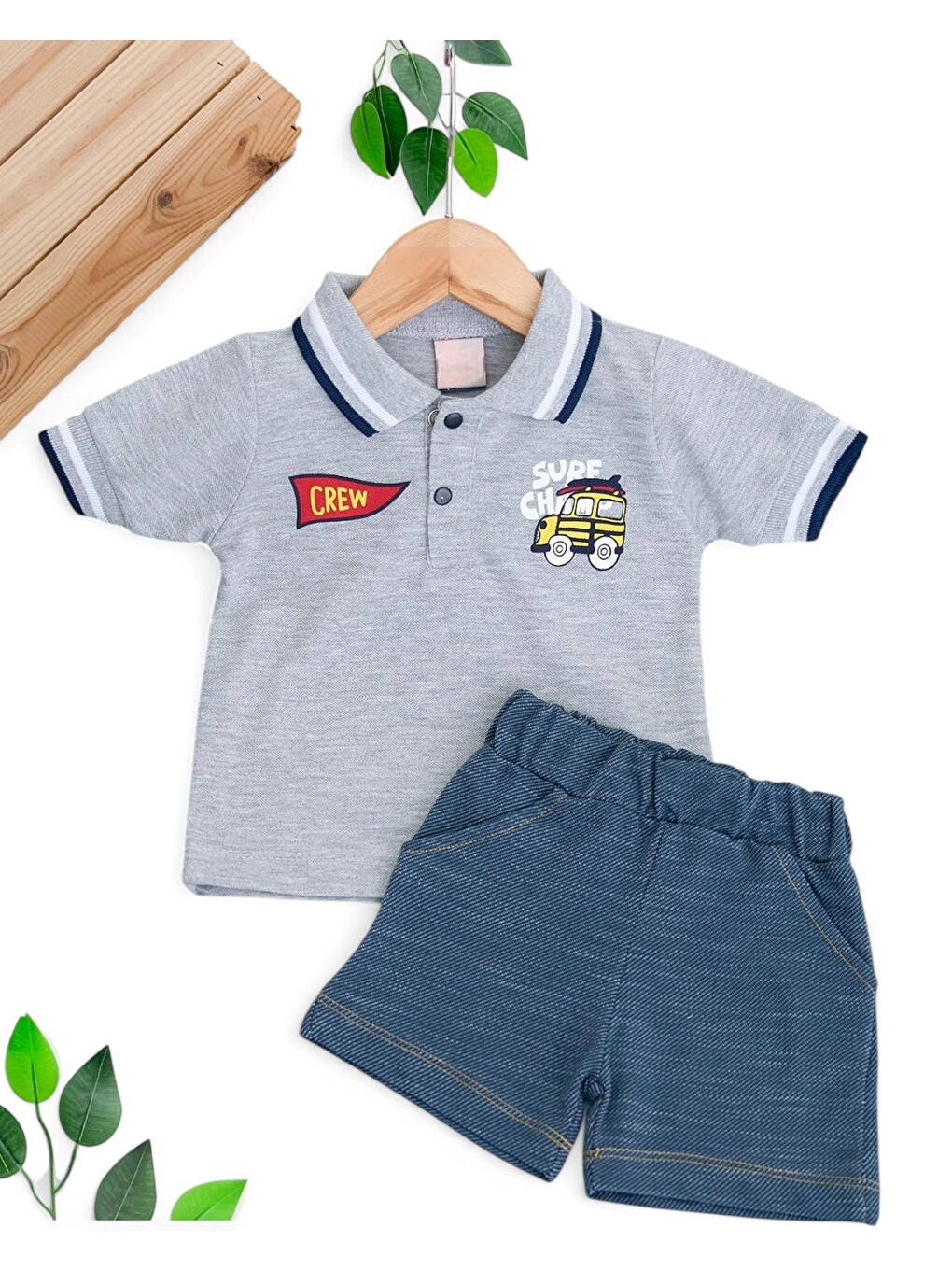 Gri Erkek Bebek Yazlık Polo Yakalı Jean Görünümlü Yumuşak Şortlu 2'li Takım-1