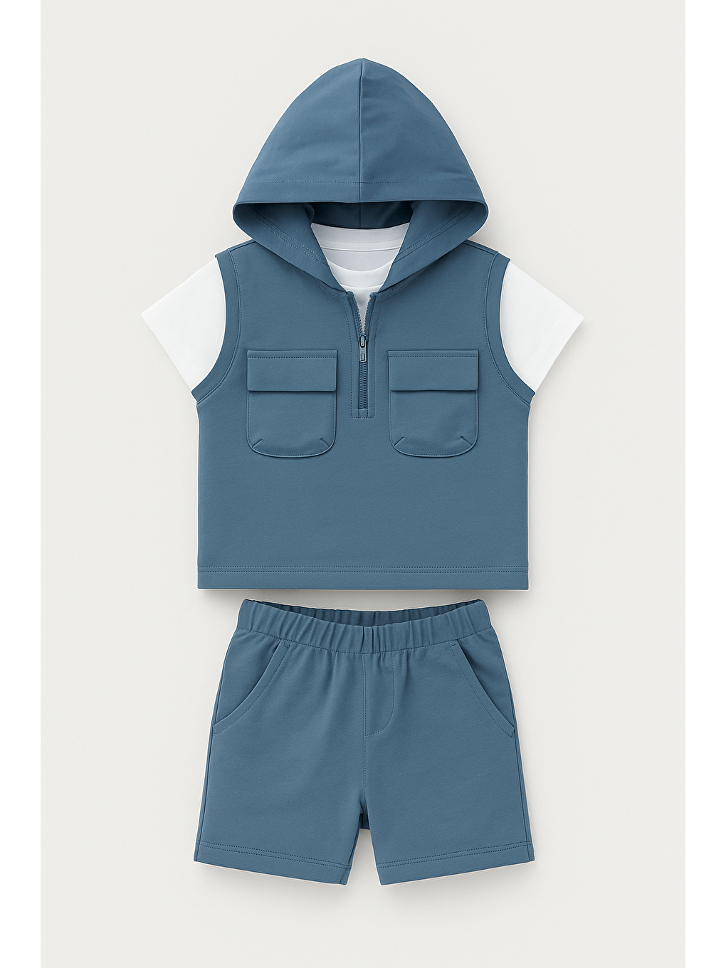 Erkek Çocuk Pamuklu Mavi Kapüşonlu Cepli Şortlu Takım - T-Shirt Dahil