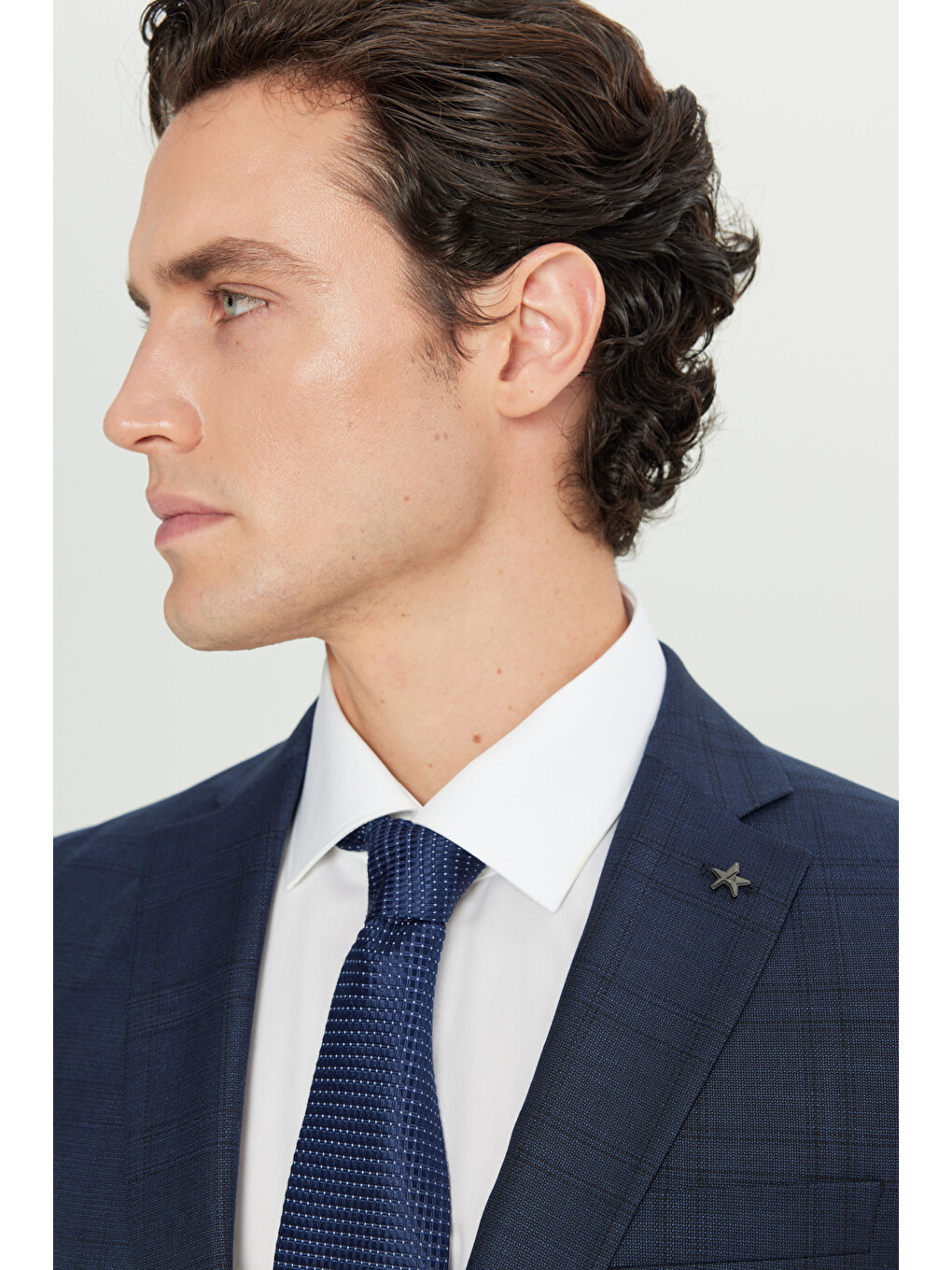 Erkek Lacivert Slim Fit Dar Kesim Mono Yaka Kareli Kapak Cepli Takım Elbise-3