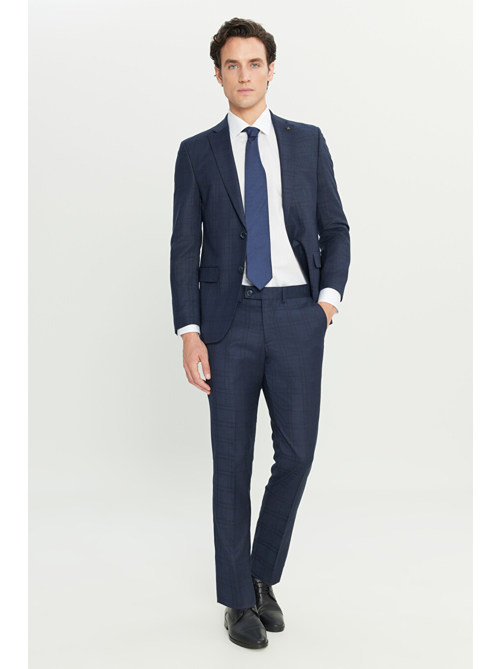 Erkek Lacivert Slim Fit Dar Kesim Mono Yaka Kareli Kapak Cepli Takım Elbise-4