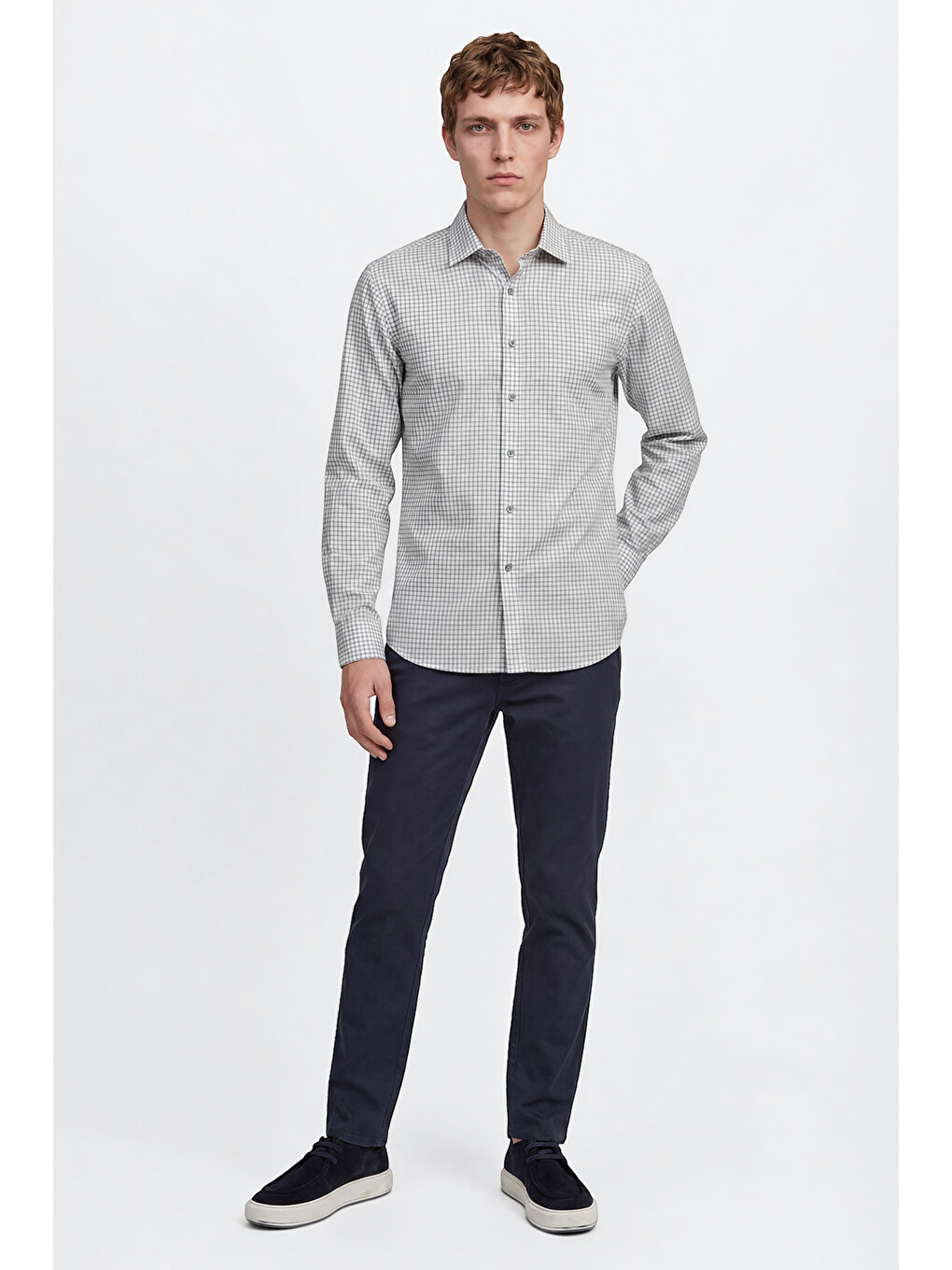 Erkek Beyaz-Lacivert %100 Pamuk Desenli Non-Iron Ütü Gerektirmeyen Comfort Fit Gömlek-1