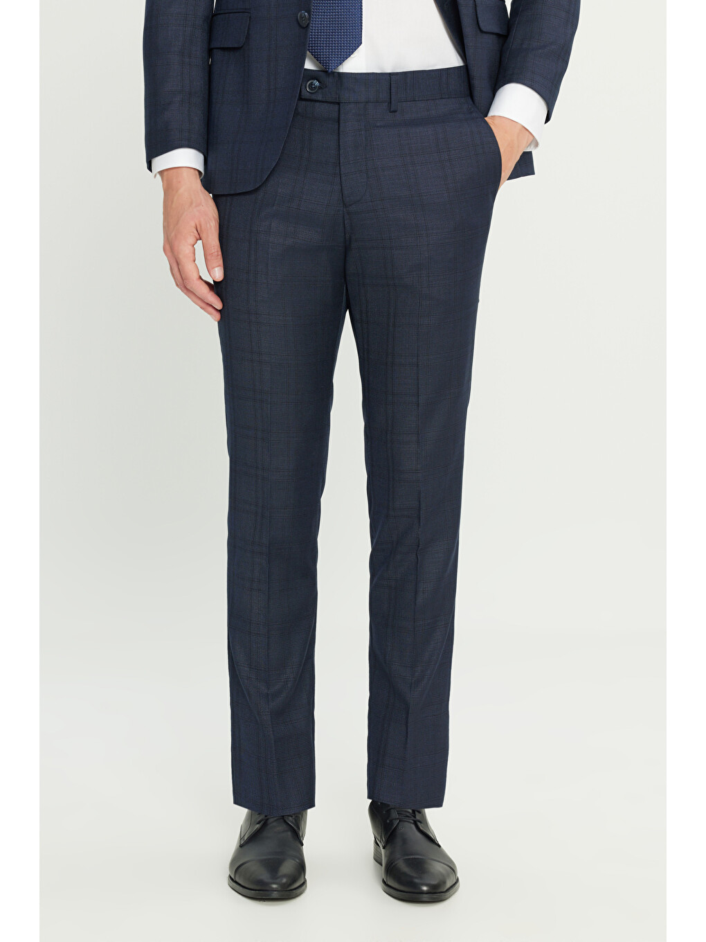 Erkek Lacivert Slim Fit Dar Kesim Mono Yaka Kareli Kapak Cepli Takım Elbise-5
