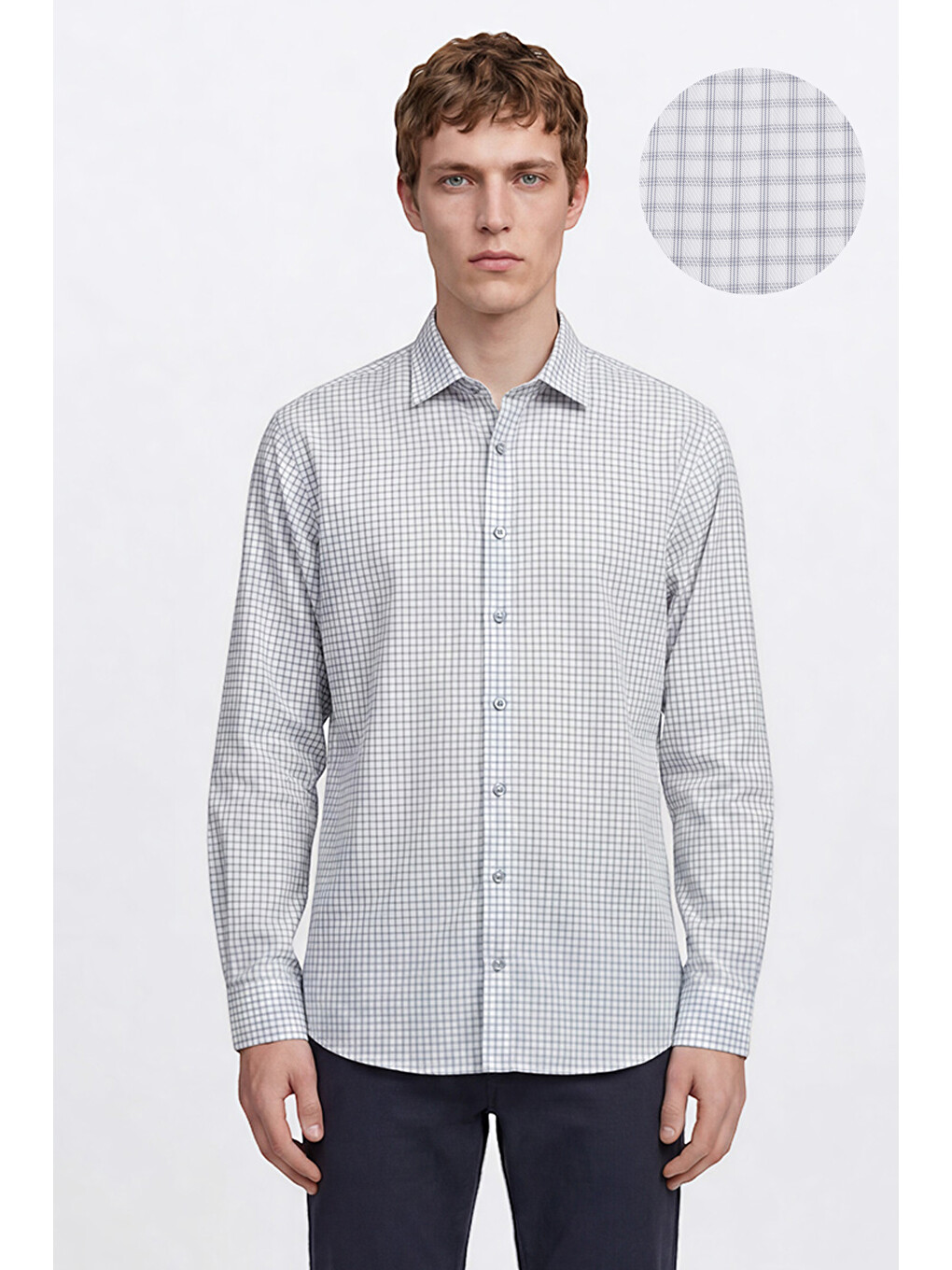 Erkek Beyaz-Lacivert %100 Pamuk Desenli Non-Iron Ütü Gerektirmeyen Comfort Fit Gömlek-2