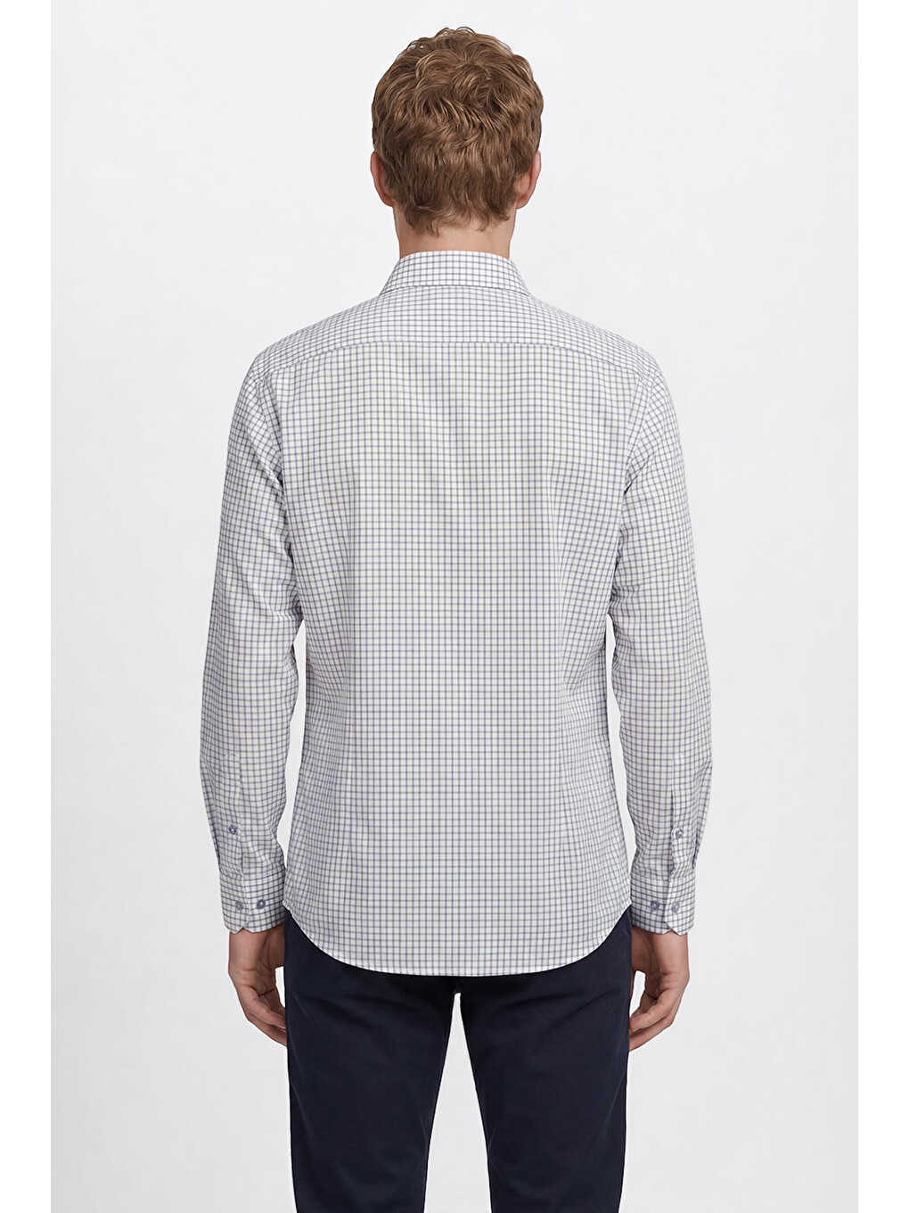 Erkek Beyaz-Lacivert %100 Pamuk Desenli Non-Iron Ütü Gerektirmeyen Comfort Fit Gömlek-4