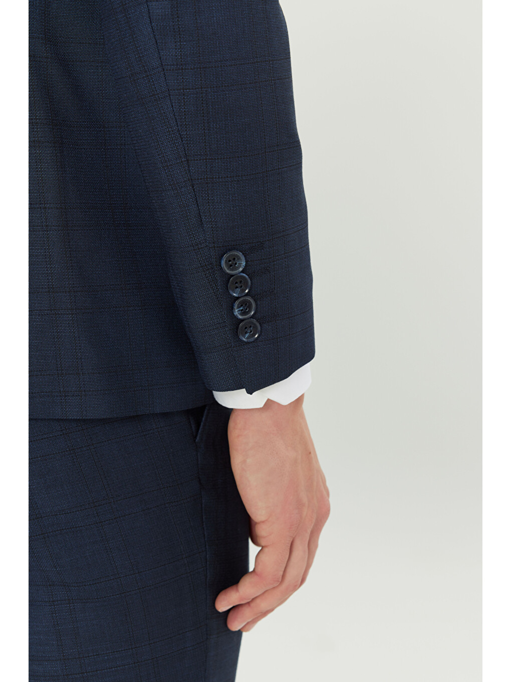 Erkek Lacivert Slim Fit Dar Kesim Mono Yaka Kareli Kapak Cepli Takım Elbise-6