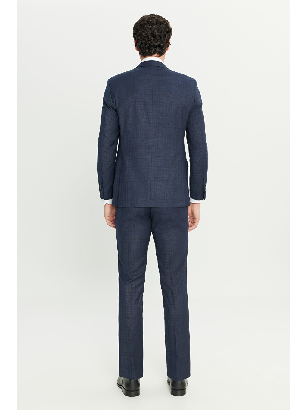 Erkek Lacivert Slim Fit Dar Kesim Mono Yaka Kareli Kapak Cepli Takım Elbise-7