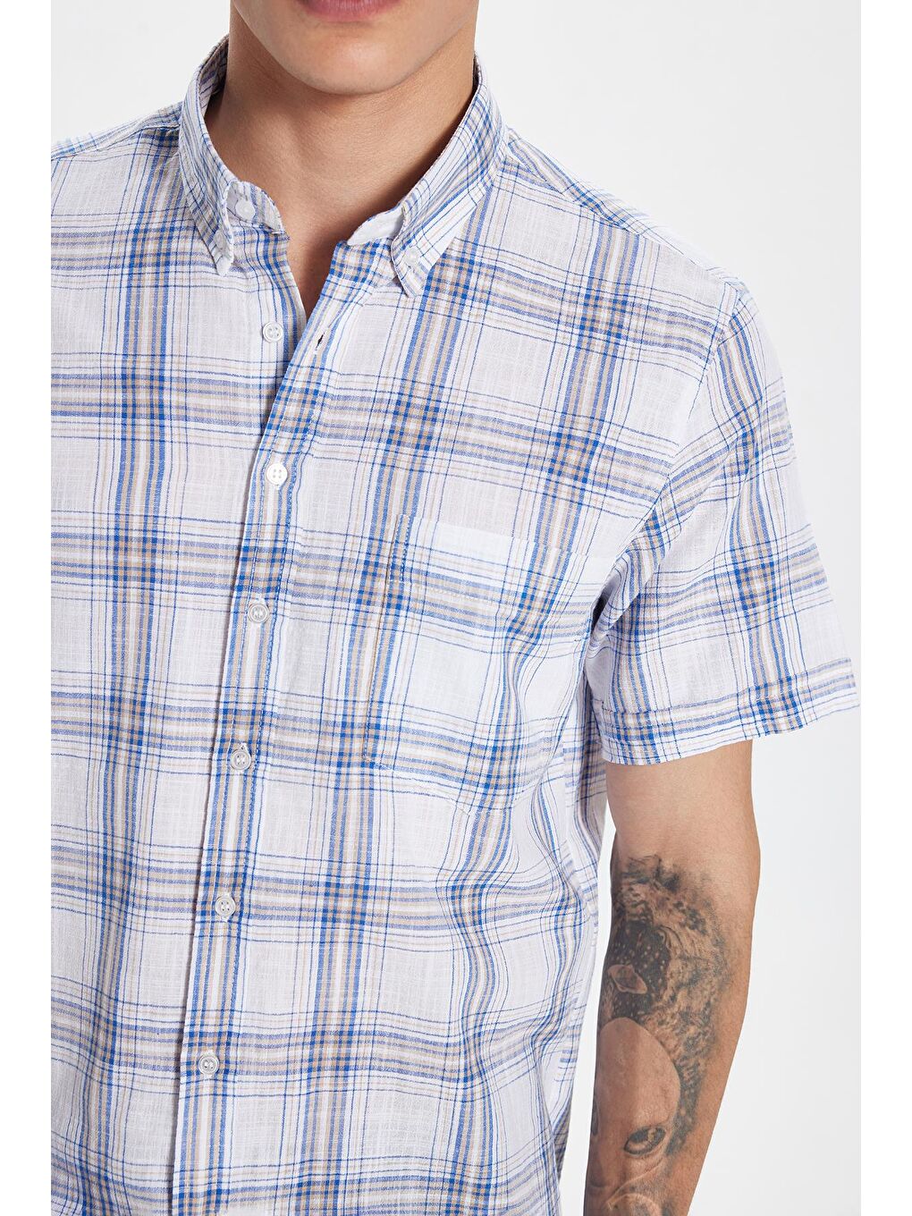 Karışık Erkek Regular Fit Klasik Kesim %100 Pamuk Keten Doku Tek Cepli Kareli Kısa Kollu Düğmeli Yaka Gömlek-2