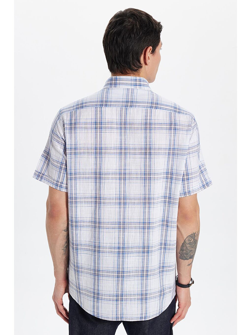 Karışık Erkek Regular Fit Klasik Kesim %100 Pamuk Keten Doku Tek Cepli Kareli Kısa Kollu Düğmeli Yaka Gömlek-4